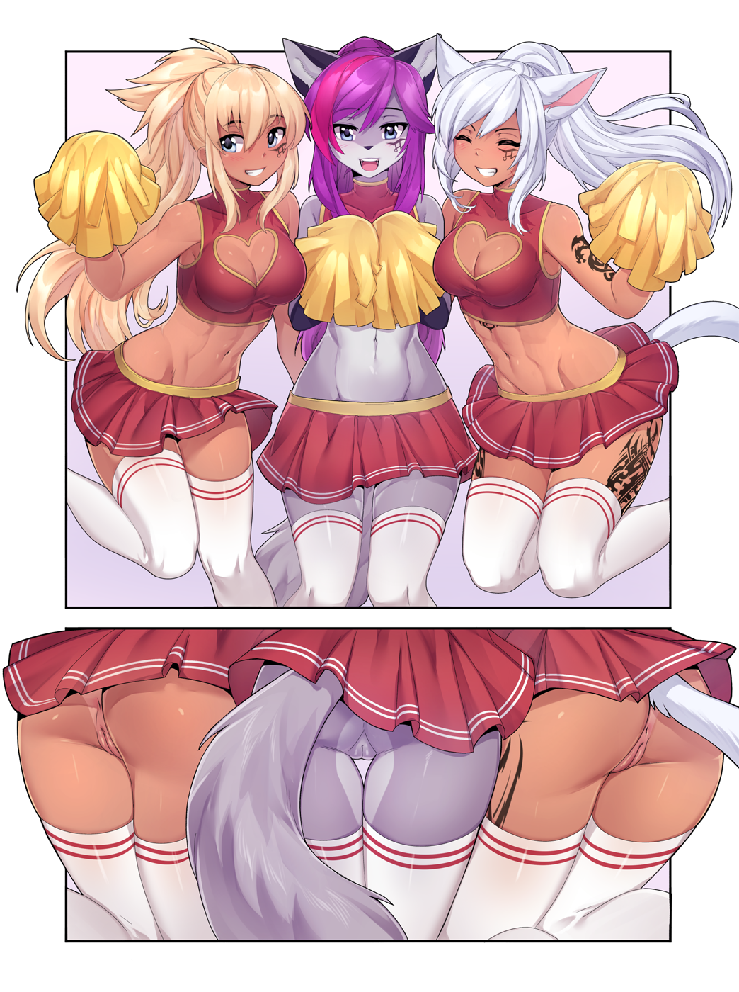 3girls abs anthro anus ass blonde_hair blue_eyes breasts catgirl cheerleader cleavage crop_top dark-skinned_female dark_skin feline female female_only grey_fur heart heart-shaped_butt iwbitu midriff multiple_girls original pleated_skirt pom_poms ponytail purple_hair pussy skirt syrth tail tattoo tattoos thighhighs white_hair