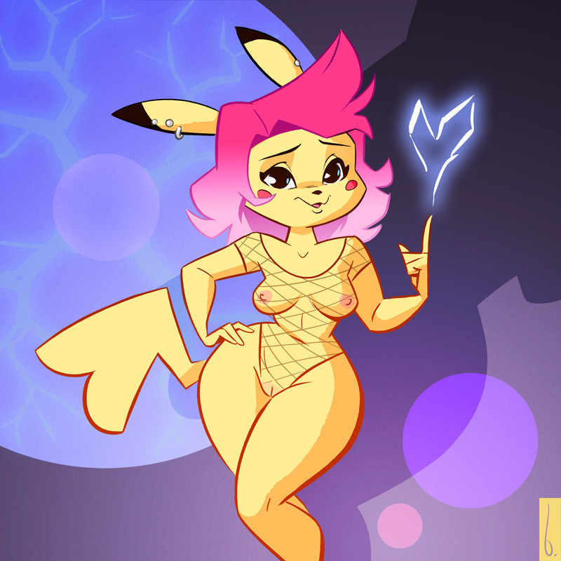 1girls abstract_background alternate_color anthro anthrofied ass big_ass birchly breasts cleft_tail clothing dipstick_ears ear_piercing electricity female female_only fishnet front_view furry hair hand_on_hip humanoid_hands looking_at_viewer mammal mostly_nude nintendo nipples open_mouth original_character piercing pikachu pink_hair pink_nipples pinup pointing pokémon_(species) pokémorph pokemon pokemon_rgby portrait pose pussy rodent solo standing thick_thighs three-quarter_portrait translucent transparent_clothing video_games watermark wide_hips yellow_skin