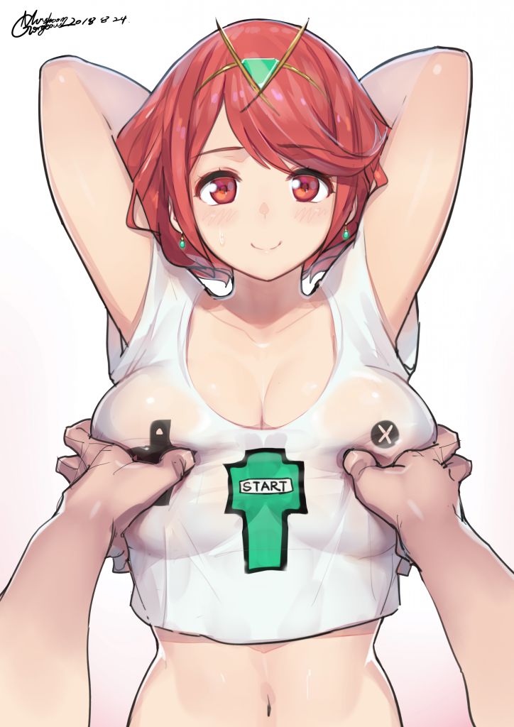1boy, 1girls, abs, absurdres, alternate costume, arms behind head, arms up, artist name, big breasts, blush, bob cut, breast grab, breasts, chinese commentary, circlet, cleavage, closed mouth, clothes writing, collarbone, commentary request, controller, crop top, dated, double breast grab, earrings, female, fondling, fondling breast, fondling breasts, game controller, game controller nipples (meme), game controller print, gorgeous mushroom, grabbing another's breast, gradient background, hairband, highres, human, jewelry, large breasts, looking at viewer, male, male pov, meme, midriff, navel, nintendo, pov, pyra, red eyes, red hair, see-through clothes, shirt, short hair, signature, simple background, smile, solo focus, straight, sweatdrop, swept bangs, t-shirt, wet, white background, xenoblade (series), xenoblade chronicles (series), xenoblade chronicles 2