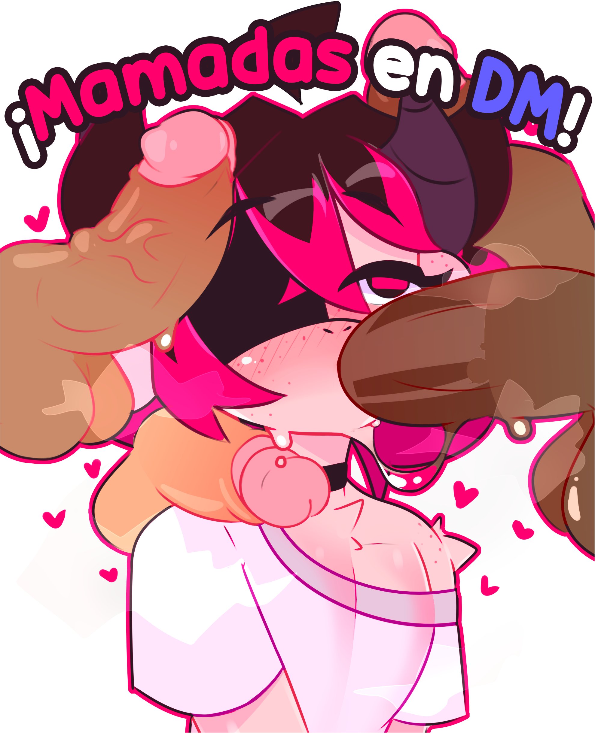 black hair, blowjob, blush, blush lines, blushing, cock, collar, dise, disembodied penis, eyelashes, eyepatch, fellatio, femboy, freckles, furry, gay, goat boy, goat ears, horns, jarfox (character), male, oral, partially clothed, penis, pink body, pink eyes, pink hair, simple background, spanish text, text, two-tone hair, veiny cock, veiny penis, xiarorule