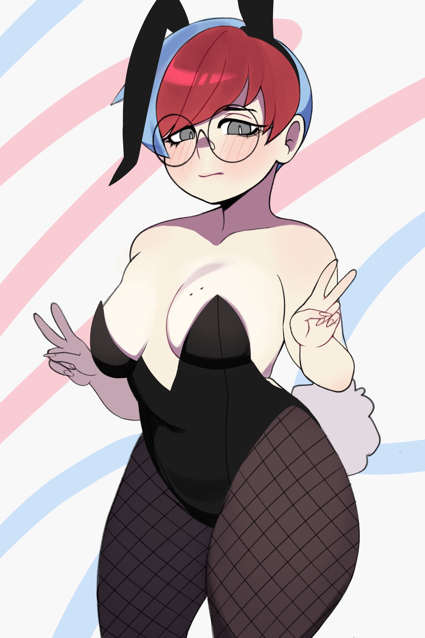 blue hair, blush, bunny ears, bunny tail, bunnysuit, cleavage, fishnet pantyhose, fishnets, grey eyes, medium breasts, nervous, pantyhose, peace sign, penny (pokemon), playboy bunny, pokemon, pokemon sv, red hair, simple background, solo, spicyzaz, two-tone hair