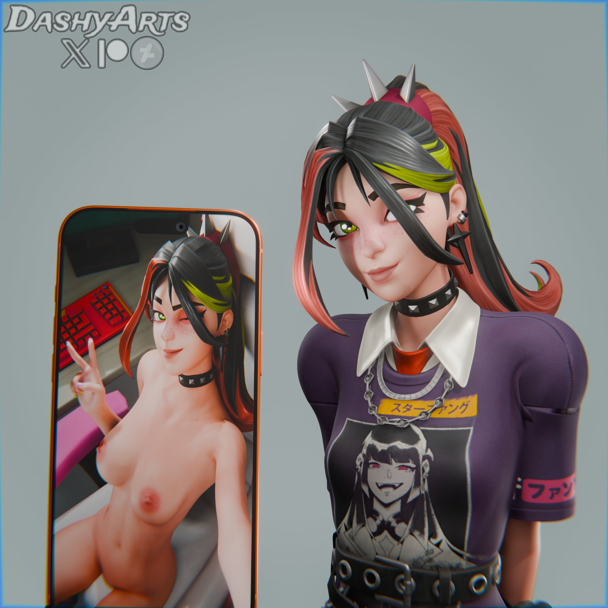 1girls, 2026, 3d, 3d (artwork), alternate version available, areola, areolae, blender, breasts, clothed/nude, completely nude, completely nude female, dashyarts, epic games, female, female focus, female only, fortnite, fortnite: battle royale, freckles, freckles on face, green eyes, helsie (fortnite), holding phone, juxtaposition, light skin, light-skinned female, medium breasts, nipples, nude, nude female, petite, petite body, petite female, phone screen, photo comparison, selfie, selfie pose, shirt, slim waist, small breasts, smile, smiling, taking picture, watermark