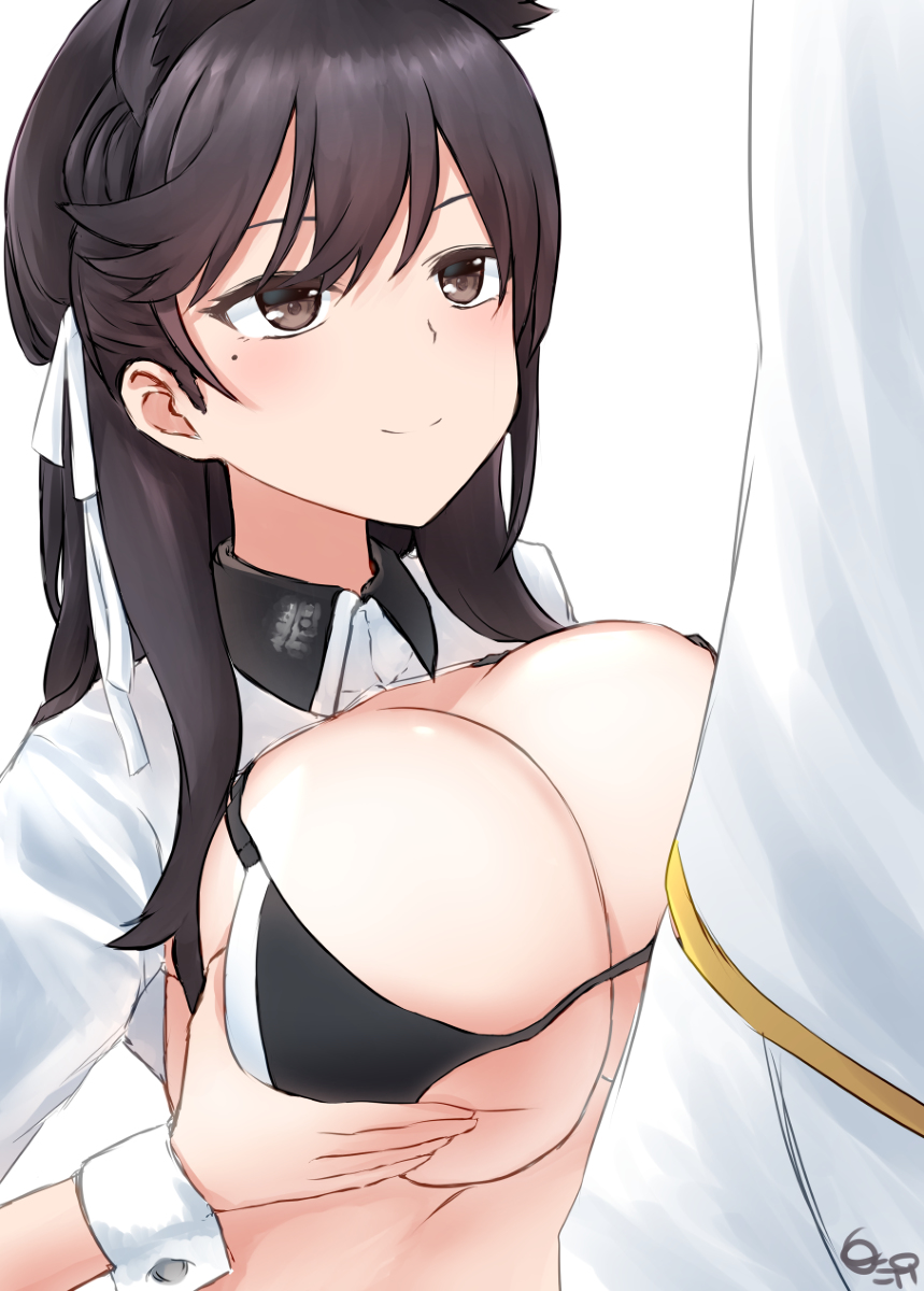 1boy animal_ears atago_(azur_lane) azur_lane bangs black_bra black_hair blush bra breasts brown_eyes censored female hair_ribbon jacket large_breasts long_hair military military_uniform mole mole_under_eye open_clothes ribbon shirazawa smile solo_focus straight swept_bangs underwear uniform white_jacket white_ribbon