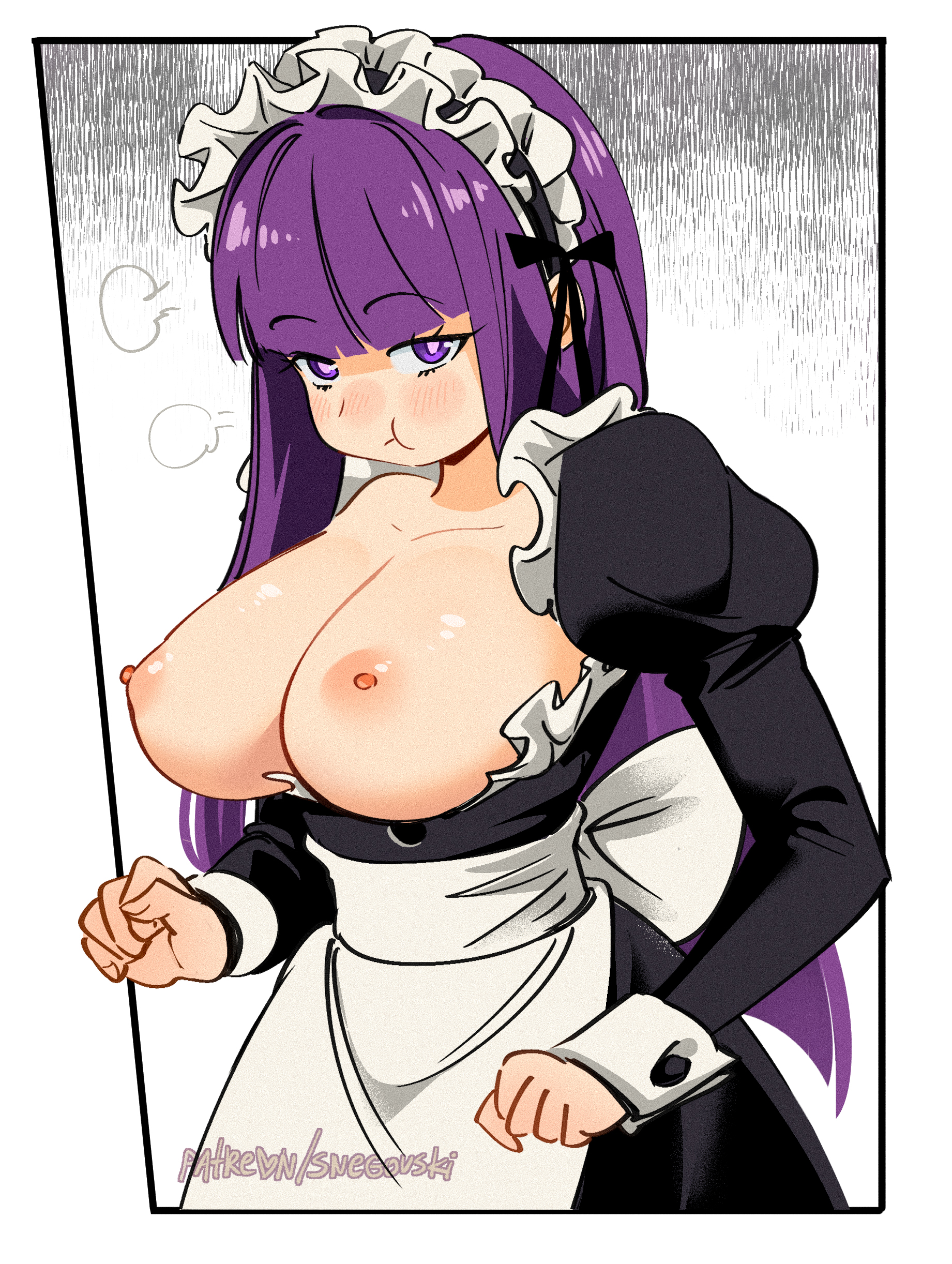 2026, breasts out, fern (sousou no frieren), frieren beyond journey's end, maid, maid outfit, maid uniform, patreon, pouting, snegovski, sousou no frieren, tits out