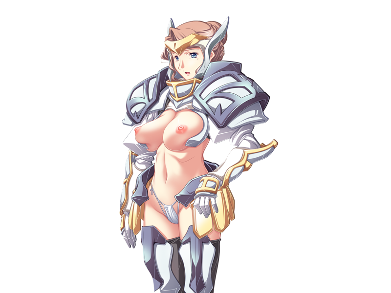 1girls armor bikini_armor blue_eyes breasts brown_hair claudia_levantine female hikage_eiji knight kuroinu_~kedakaki_seijo_wa_hakudaku_ni_somaru~ large_breasts liquid_(company) mole nexton nipples open_mouth revealing_clothes simple_background solo topless white_background