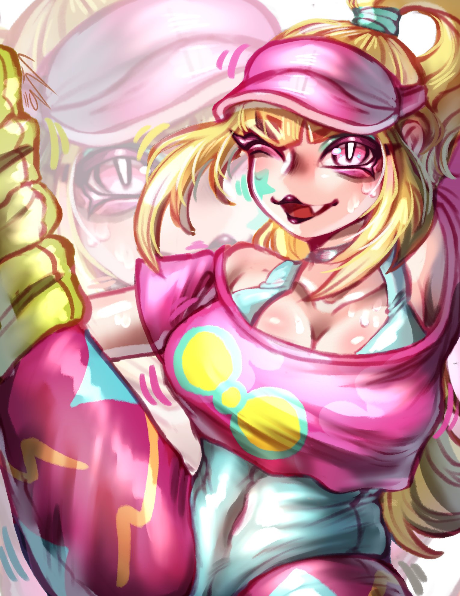 black lipstick, blonde hair, brawl stars, breasts, cap, cleavage, crop top, female, female only, fit, fit female, headgear, leggings, long hair, makeup, melodie (brawl stars), navel, north string, oerba yun fang, one eye closed, pink eyes, pump it melodie (brawl stars), smile, spread legs, sweat, tagme, thick thighs, tied hair, tight clothing, voluptuous, wide hips, workout, workout clothes