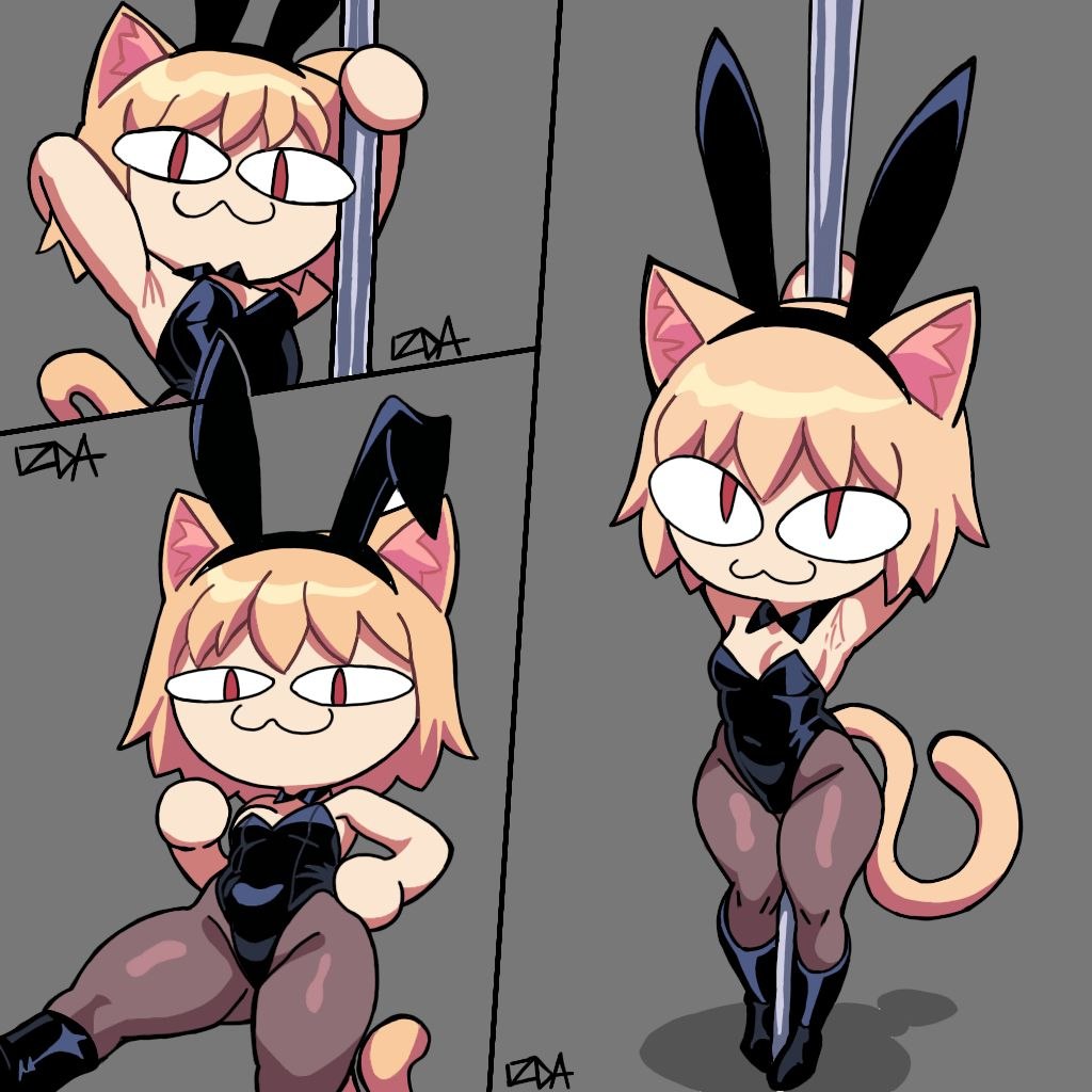 1girls, 2020s, 2025, ass, blonde hair, blonde hair female, boots, bunny ears, bunnysuit, cat ears, cat tail, catgirl, female, female focus, izda, looking at viewer, looking down, neco-arc, simple background, stripper pole