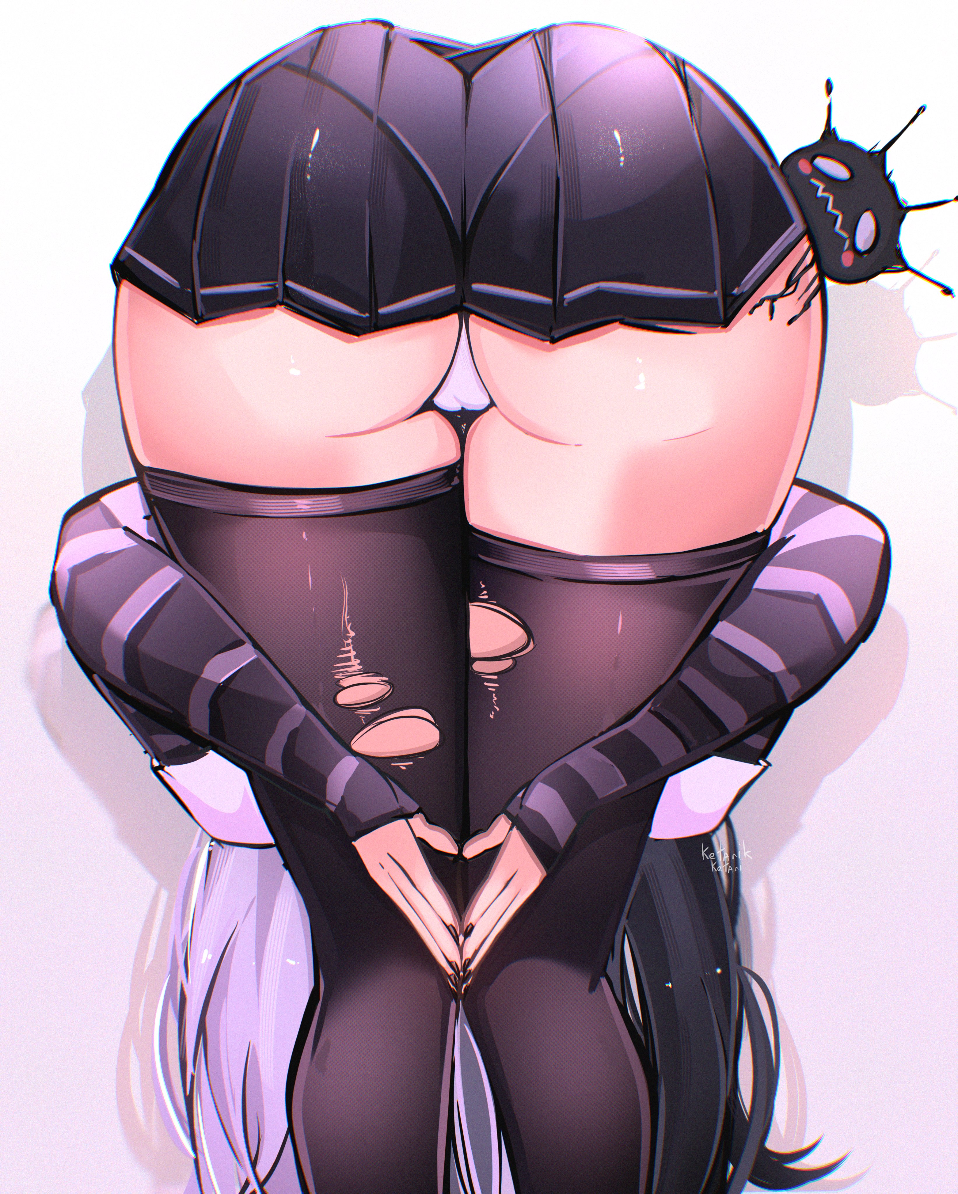 1girls, absurdres, amen pose (meme), ass, black hair, black nails, black skirt, black sleeves, black thighhighs, commentary, detached sleeves, english commentary, female, fingernails, highres, hololive, hololive english, ketari, long hair, long sleeves, meme, multicolored hair, nail polish, panties, praise da booty (meme), shiori novella, skirt, split-color hair, striped sleeves, thighhighs, thighs, torn clothes, torn thighhighs, two-tone hair, underwear, virtual youtuber, white hair, white panties, yorick (shiori novella)
