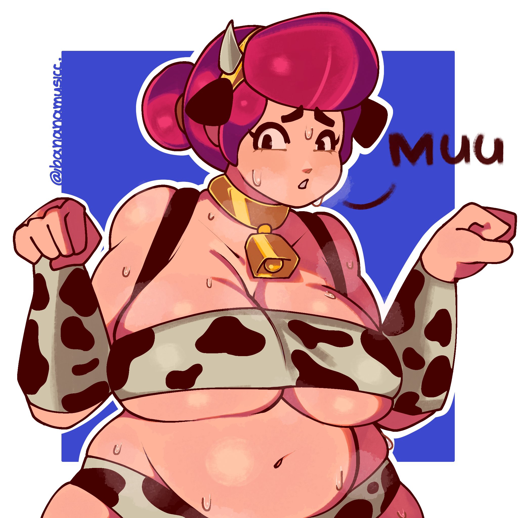 bananamusicc, bare shoulders, belly, black eyes, blush, bracelet, brawl stars, breasts, choker, chubby, chubby female, cleavage, cow ears, cow girl, cow horns, cow print, cowbell, female, female only, hair bun, large breasts, larger female, looking back, navel, pam (brawl stars), panties, red hair, sweat, tagme, thick thighs, tied hair, underboob, underwear, voluptuous, wide hips