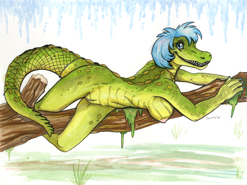 2018 5_fingers alligator anthro blue_eyes blue_hair breasts caribou_(artist) crocodilian female hair looking_at_viewer nipples nude pussy reptile scalie solo teeth