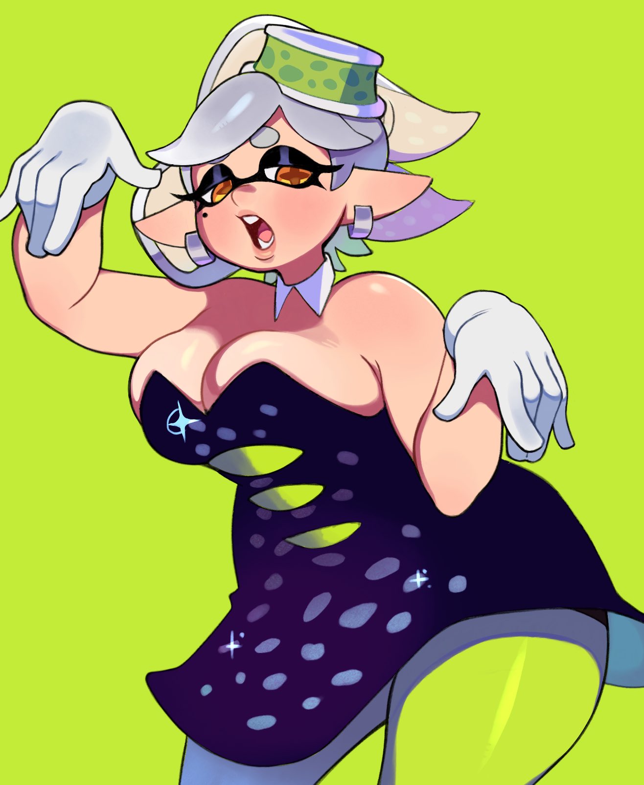 curvy, detached collar, dress, earings, gloves, green legwear, inkling, legwear, marie (splatoon), mask, medium breasts, mole under eye, pose, short dress, short hair, spicyzaz, splatoon, splatoon (series), splatoon 2, splatoon 3, white hair, yellow eyes