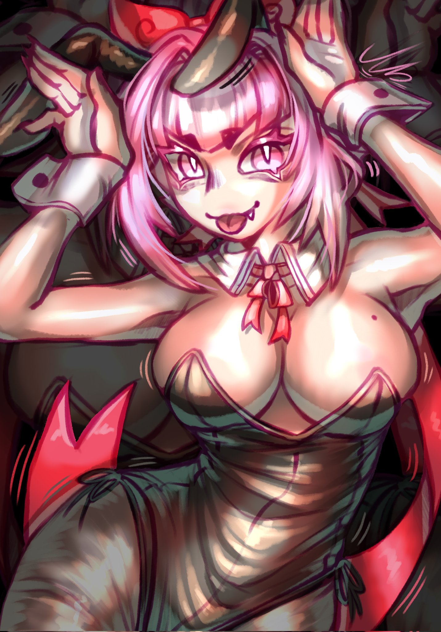 armpits, bare shoulders, brawl stars, breasts, bunny ears, bunny girl, bunnysuit, cleavage, collar, female, female only, hands on head, looking at viewer, melodie (brawl stars), north string, oerba yun fang, pink eyes, pink hair, revealing clothes, short hair, tagme, thick thighs, tight clothing, tongue, tongue out, voluptuous, wide hips