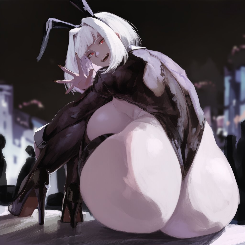 1female, 1girls, ai generated, ass, ass bigger than head, ass focus, big ass, big breasts, breast grab, breasts, bubble butt, bunny ears, bunnysuit, cinderhee, city, city background, cityscape, dumptruck ass, easter, enormous ass, fat ass, female, female only, gargantuan ass, gigantic ass, ginormous ass, high heels, highheels, huge ass, huge breasts, humongous ass, hyper, hyper ass, large breasts, leotard, lobotomy corporation, looking at viewer, looking back, looking back at viewer, mature, mature body, mature figure, mature woman, milf, mommy, myo (lobotomy corporation), myo (project moon), night, night sky, open mouth, outdoors, pale skin, pale-skinned female, project moon, red eyes, round ass, short hair, smile, smiling, smiling at viewer, solo, solo female, tagme, teeth, thick, thick ass, thick thighs, thighs, voluptuous, voluptuous female, waving, waving at viewer, white hair, wide hips