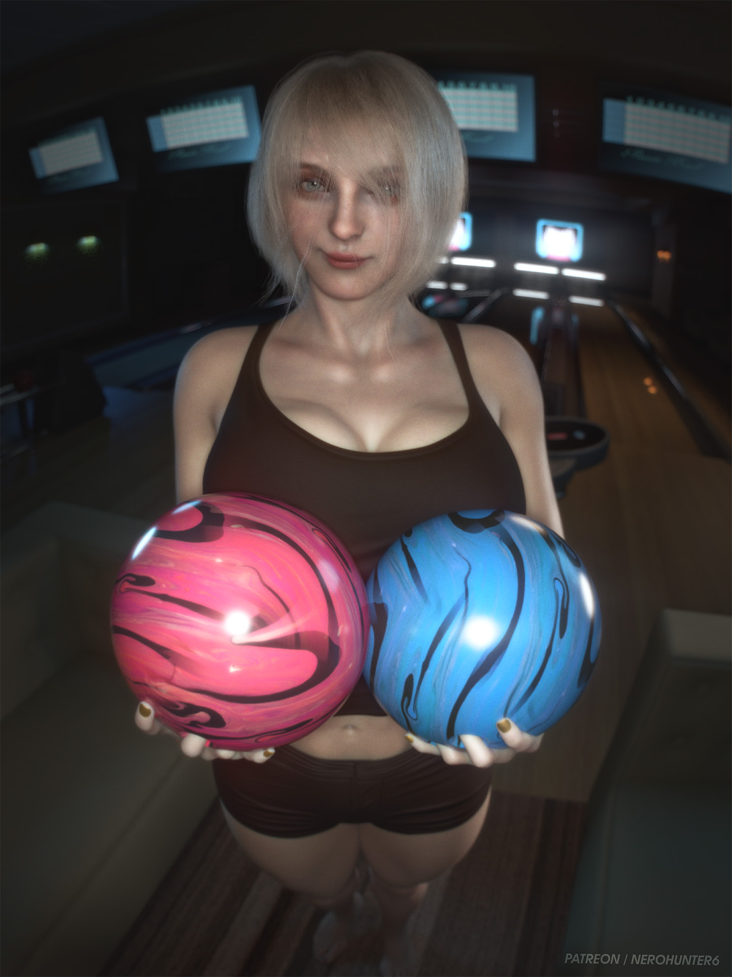 1girls, 3d, 3d (artwork), 3d render, aryan, ashley graham, ashley graham (ella freya), athletic female, balls, big breasts, biohazard, black shorts, black sports bra, blonde female, blonde hair, blonde hair female, blonde-haired female, blue eyes, bob cut, bowl, breasts, capcom, female, female only, grabbing balls, hollow purple, huge breasts, looking at viewer, navel, nerohunter6, pov, render, resident evil, resident evil 4, resident evil 4 remake, short hair, smile, smile at viewer, smiley face, sports bra, sports shorts, sportswear, standing, thick thighs, white shoes