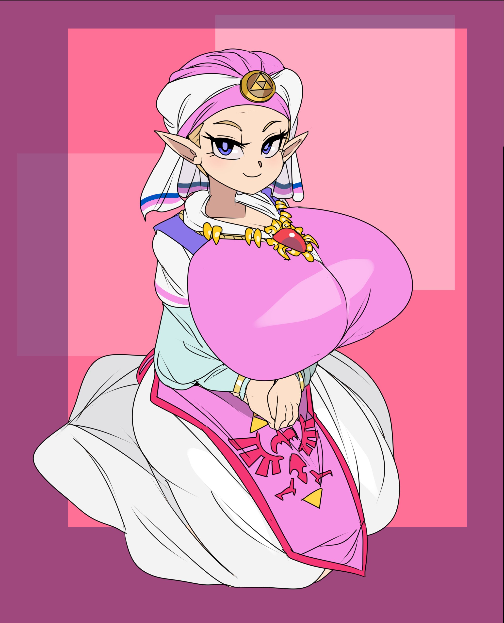 1girls, big breasts, blonde hair, blue eyes, blush, breasts bigger than head, captain kirb, child bearing hips, clothed, clothing, dress, elf ears, female, female only, headdress, hourglass figure, hourglass figured female, huge breasts, hylian, jewelry, large breasts, looking at viewer, nintendo, nipple bulge, ocarina of time, pointy ears, princess, princess zelda, royalty, smile, solo, solo female, the legend of zelda, thicc, thick, triforce, voluptuous female, wide hips, young, young zelda, zelda (ocarina of time)