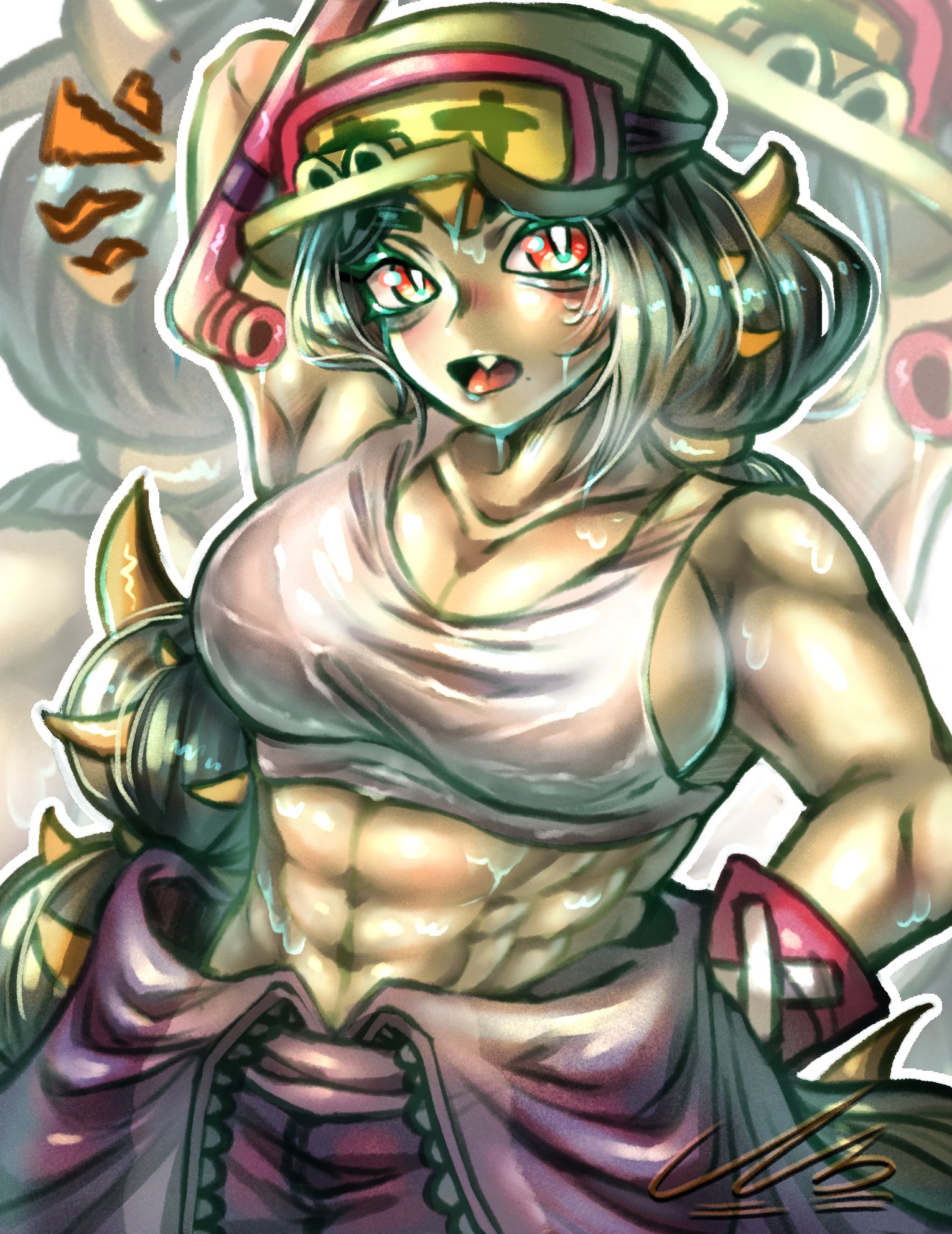 abs, alli (brawl stars), armpits, bare shoulders, blush, brawl stars, breasts, cap, cleavage, crop top, female, female only, fit, fit female, gloves, green hair, green skin, hand behind head, headgear, jumpsuit, large breasts, long hair, muscular, muscular female, navel, north string, oerba yun fang, open clothes, open mouth, orange eyes, snorkel, sweat, tied hair