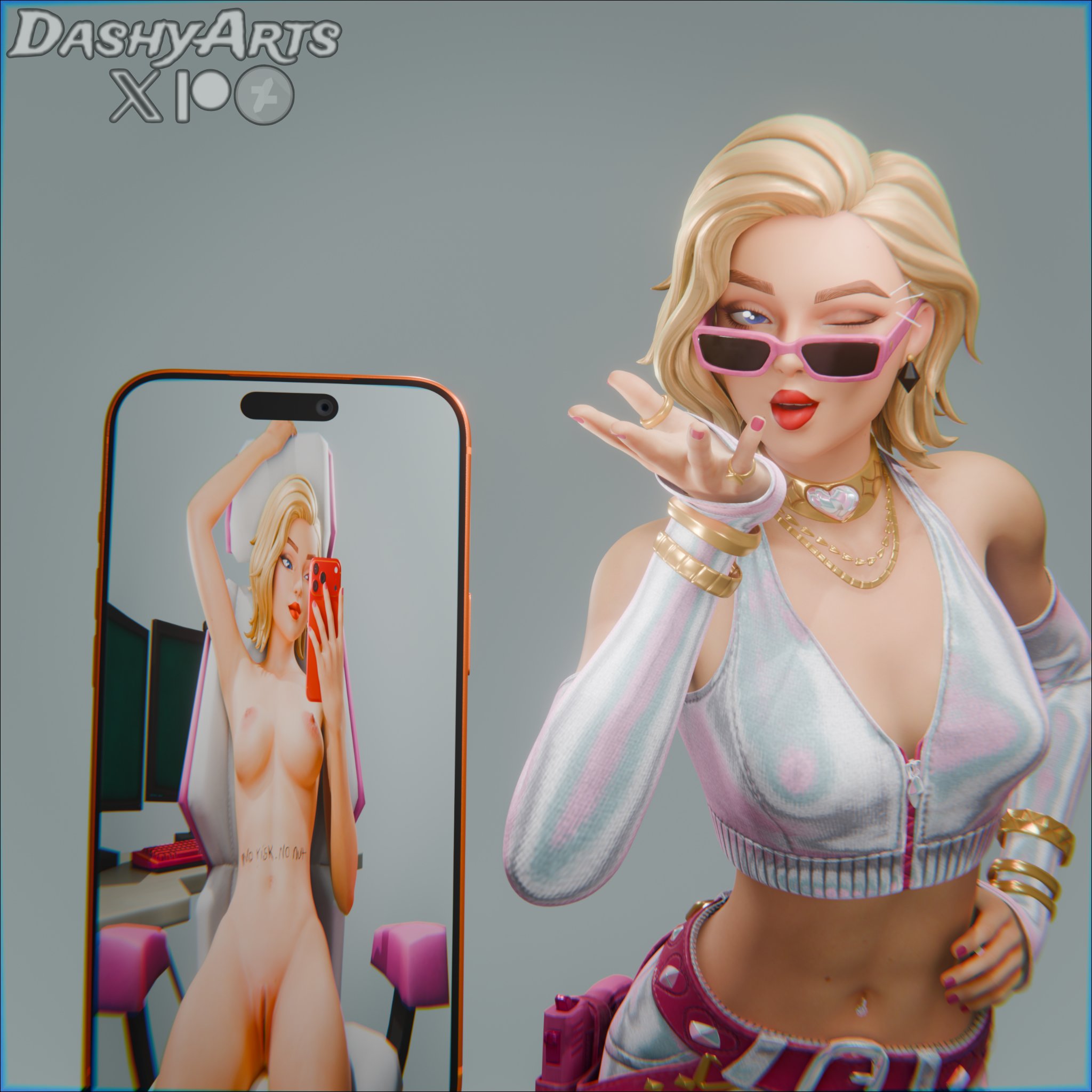 1girls, 2026, 3d, 3d (artwork), alternate version available, areola, areolae, blender, blonde female, blonde hair, breasts, cat holloway (fortnite), clothed/nude, completely nude, completely nude female, dashyarts, epic games, female, female focus, female only, fortnite, fortnite: battle royale, holding phone, juxtaposition, light skin, light-skinned female, looking over eyewear, looking over sunglasses, medium breasts, nipples, nude, nude female, petite, petite body, petite female, phone screen, photo comparison, slim waist, small breasts, sunglasses, tank top, tinted eyewear, watermark
