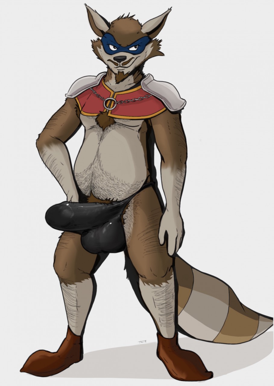 anthro belly body_hair brown_fur bulge chest_tuft clothing delirost erection facial_hair footwear fur goatee male male_only mammal mask penis_outline procyonid pubes raccoon shoes sir_galleth_cooper slightly_chubby sly_cooper_(series) smooth_fur solo thong tuft underwear video_games