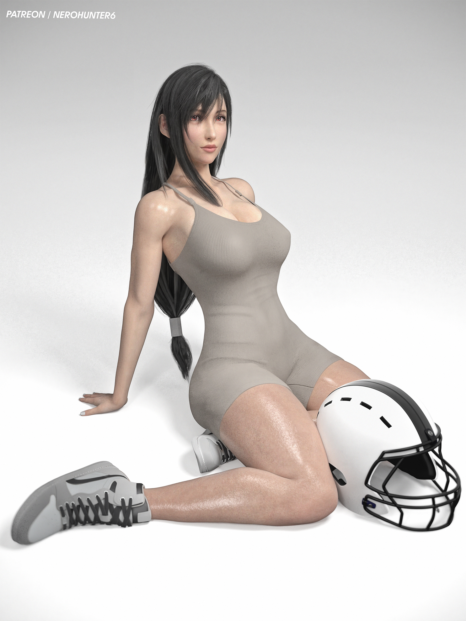 1girls, 3d, 3d (artwork), 3d render, abs, abs visible through clothing, athletic, athletic female, big breasts, black hair, breasts, female, female only, final fantasy, final fantasy vii, final fantasy vii remake, football, helmet, huge breasts, light-skinned female, long hair, looking at viewer, nerohunter6, nipples, nipples visible through clothing, red eyes, render, shiny skin, shoulders, simple background, sitting, sports bra, sports shorts, sports uniform, sportswear, square enix, sweat, sweaty, sweaty body, thick thighs, thighs, tifa lockhart, waist, wide hips, wide thighs