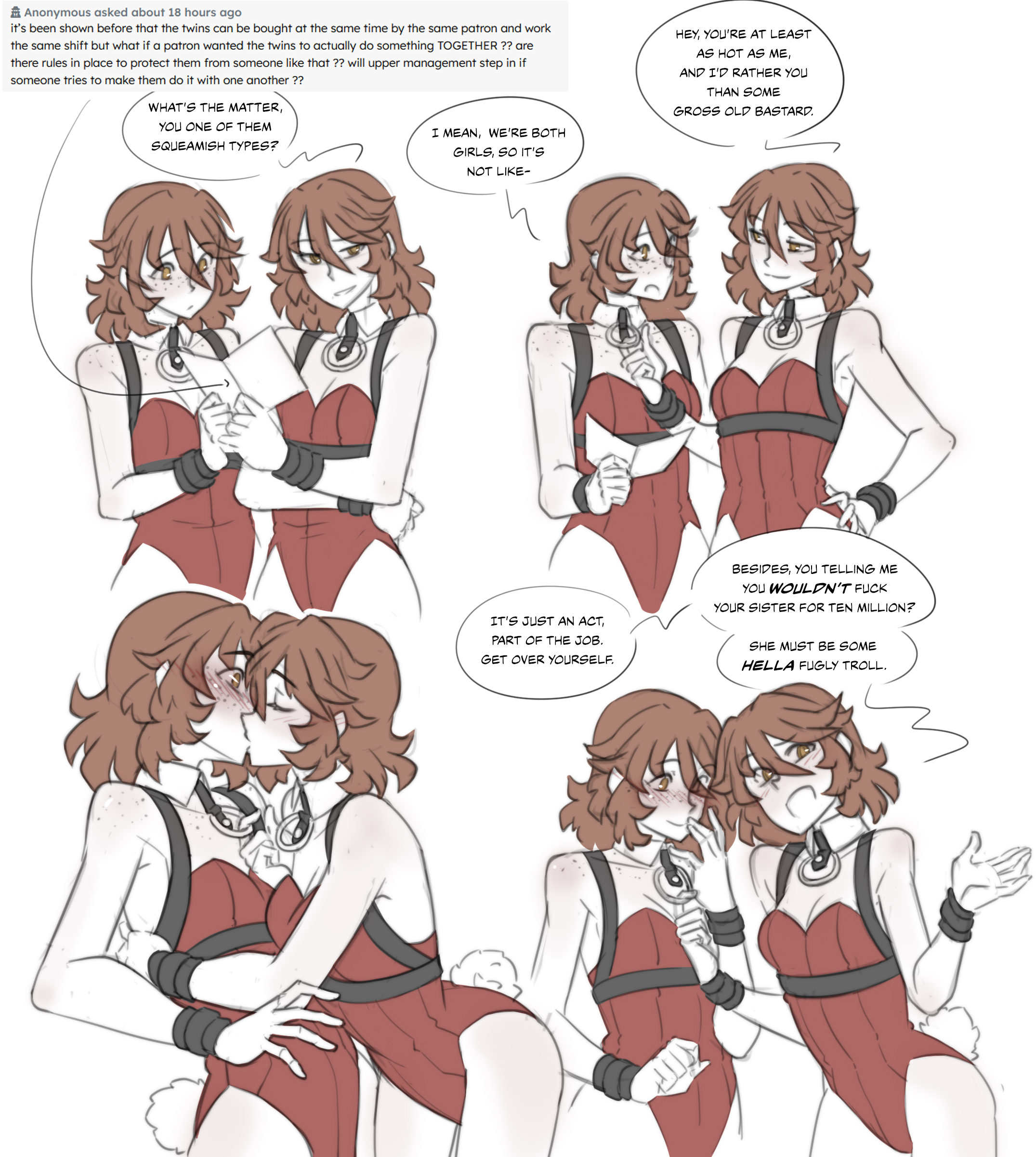 23 (felisamos), 24 (felisamos), acquiescent female, ask blog, blush, brown eyes, brown hair, bunny girl, bunnysuit, english, english dialogue, english text, excited, excited female, excited for sex, felisamos, female, female only, femsub, freckles, freckles on face, happy female, incest, incest play, kissing, light skin, light-skinned female, looking at viewer, making out, male pov, multiple girls, naughty face, nervous, nervous female, original, original character, original characters, sisters, slave, slave collar, slave outfit, slavegirl, submissive female, twin sisters, twincest, twins, yuri