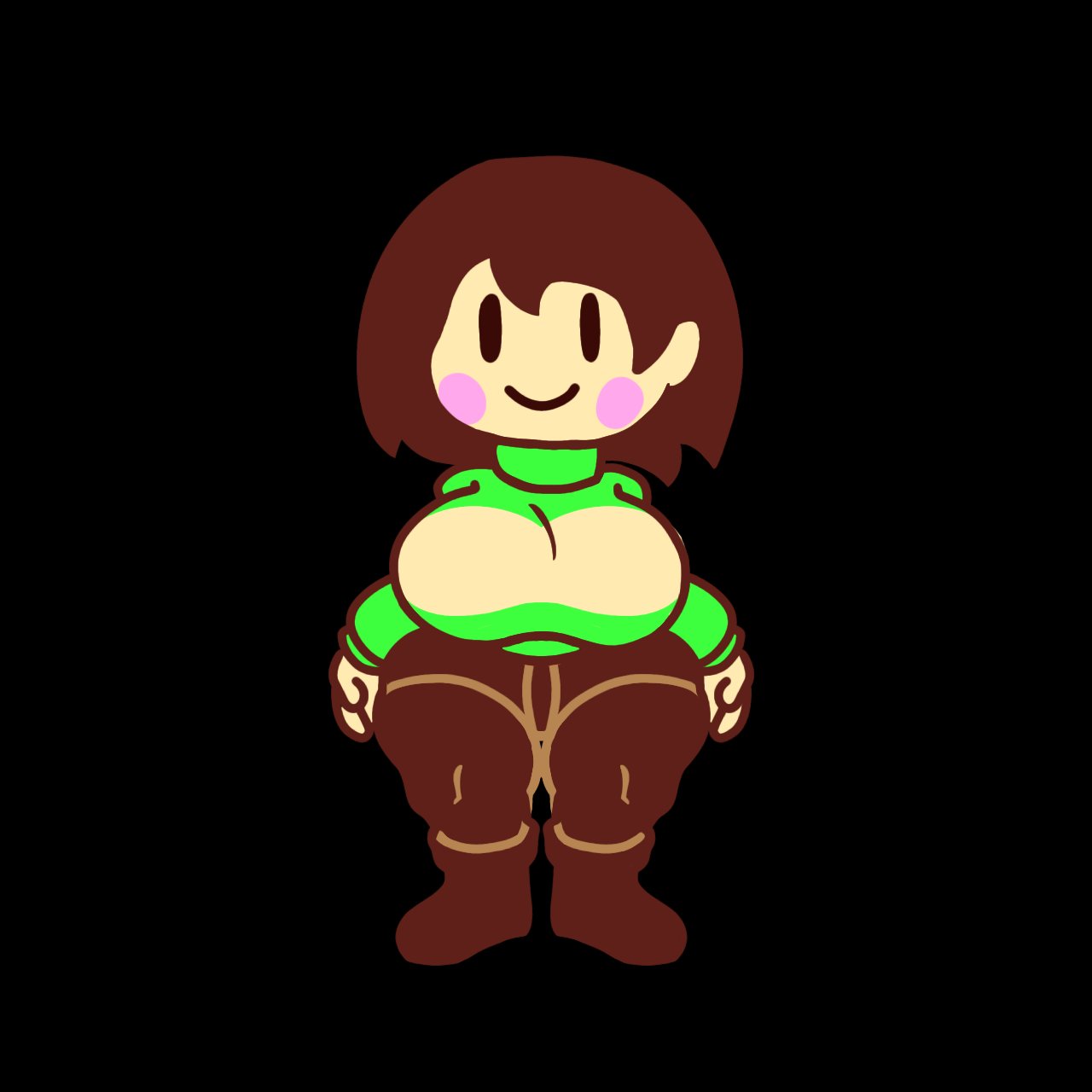 =), 1girls, big breasts, big thighs, brown eyes, brown hair, chara, charalover338 (artist), female chara, looking at viewer, rosy cheeks, short hair, shortstack, smile, staring at viewer, undertale, undertale (series)