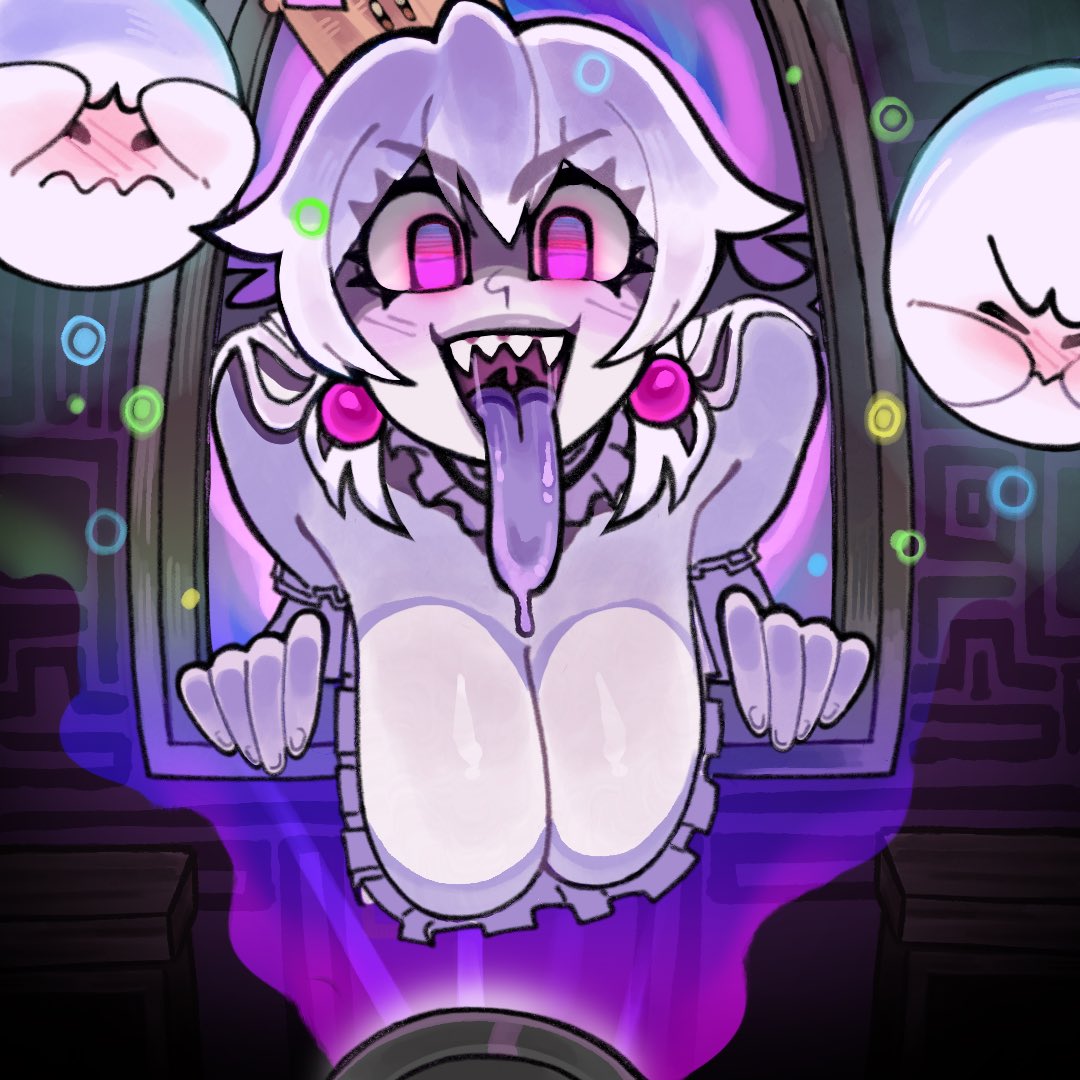 boo (mario), booette, boosette, crown, dress, fancy clothing, female, hanging breasts, large breasts, long tongue, mario (series), pink eyes, purple tongue, solo, spicyzaz, through screen, white hair, white skin, window