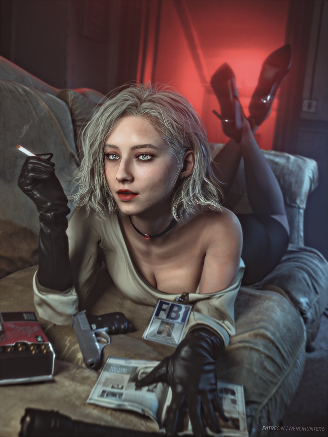 1girls, 3d, 3d (artwork), 3d render, big breasts, biohazard, black gloves, black skirt, blonde female, blonde hair, blue eyes, boob window, breasts, bullet, capcom, cigarette, cigarette smoke, clothing, curly hair, dress, earrings, elegant, elegant female, exposed shoulders, female, female only, film noir, firearm, flashlight, gloves, grace ashcroft, grace ashcroft (julia pratt), grace ashcroft (noir costume), handgun, heels, human, id card, jewelry, laying down, leather, leather gloves, legs crossed, legs together, legs up, lipstick, lying on sofa, necklace, nerohunter6, newspaper, pale skin, pulp fiction, realistic, reference, render, resident evil, resident evil 9: requiem, short hair, skirt, sofa, tagme, thighhighs, wavy hair, weapon