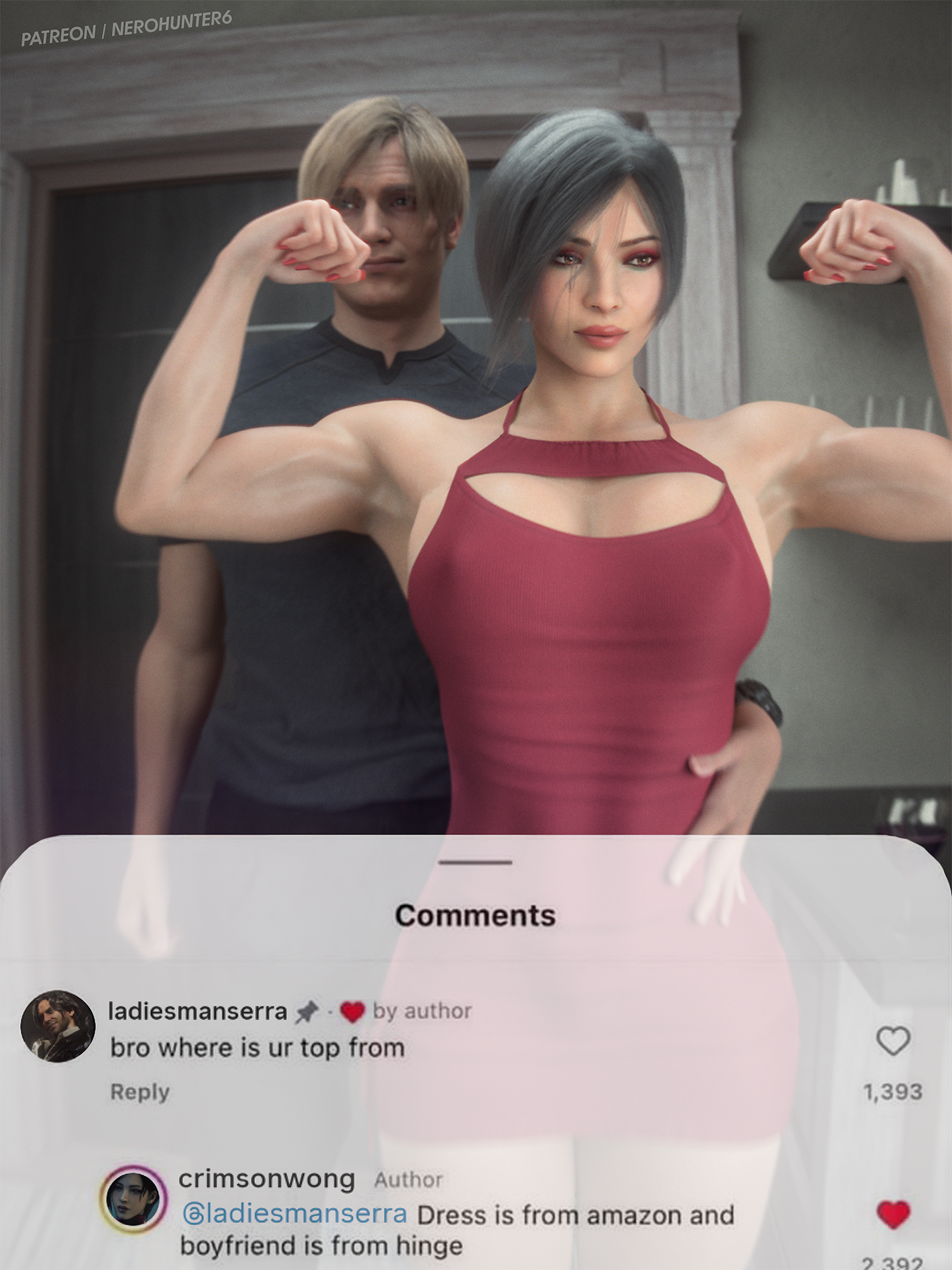 1boy, 1girls, 3d, 3d (artwork), 3d model, 3d render, abs, abs visible through clothing, ada wong, ada wong (adriana), asian, asian female, biceps, big breasts, biohazard, black hair, black shirt, blonde hair, blonde male, boob window, breasts, brunette female, capcom, eyelashes, female, hand on waist, instagram, leon scott kennedy, leon scott kennedy (eduard badaluta), lipstick, luis sera, makeup, male, muscular, muscular female, muscular male, nerohunter6, red dress, render, resident evil, resident evil 4, resident evil 4 remake, short hair, tagme, thick thighs, thighs