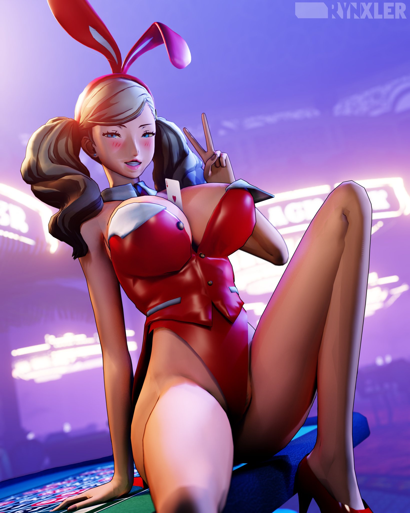 1girls, 3d, ann takamaki, big breasts, blush, breasts, bunnysuit, huge breasts, peace sign, persona, persona 5, rynxler