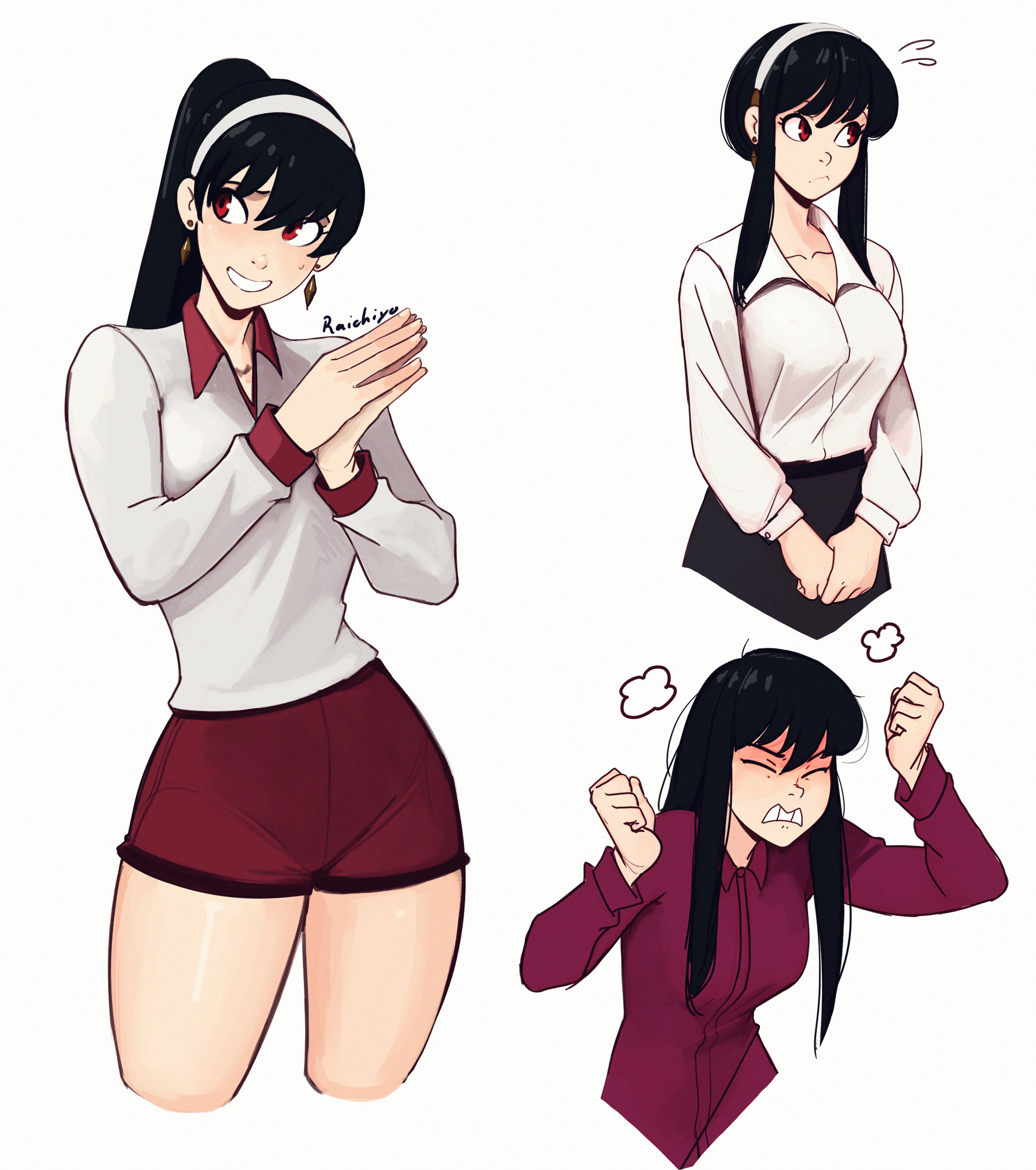 absurdres, artist name, black hair, blush, breasts, cleavage, commentary, earrings, english commentary, female, gold earrings, hair ornament, hairband, highres, jewelry, large breasts, lips, long hair, looking to the side, ponytail, raichiyo33, red eyes, sidelocks, simple background, smile, spy x family, thighs, white hairband, yor briar, yor forger