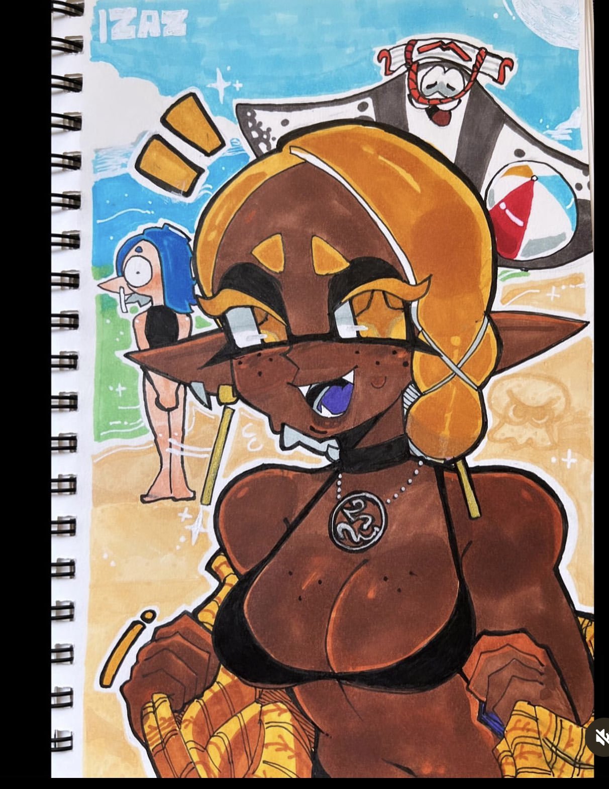 1boy, 2girls, beach ball, big man (splatoon), bikini, blue hair, blush, cleavage, clothing aside, earrings, frye (splatoon), medium breasts, navel, necklace, one-piece swimsuit, purple tongue, red eyes, sharp ears, shiver (splatoon), spicyzaz, splatoon, splatoon 3, stingray, sweatdrop, traditional art, traditional media, traditional media (artwork), yellow eyes, yellow hair