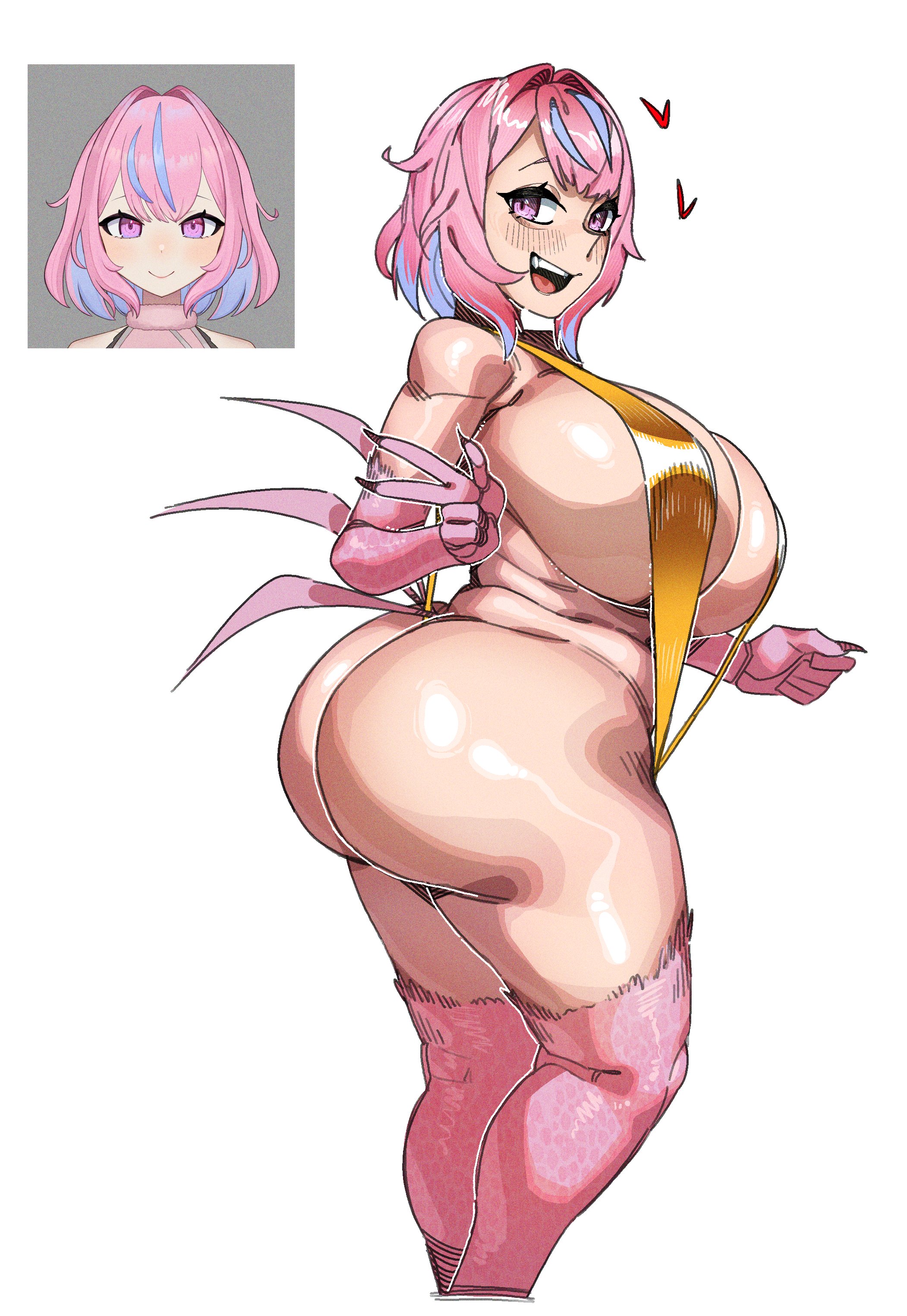 1girls, ass, big ass, big breasts, bikini, breasts, bubble butt, busty, fat ass, female, female only, gluteal fold, huge ass, huge breasts, large ass, large breasts, looking at viewer, looking back, makinakid, pink hair, reference image, sideboob, sling bikini, solo, sweetwings, swimsuit, tail feathers, thick ass, thick thighs, virtual youtuber, vrchat, wide hips