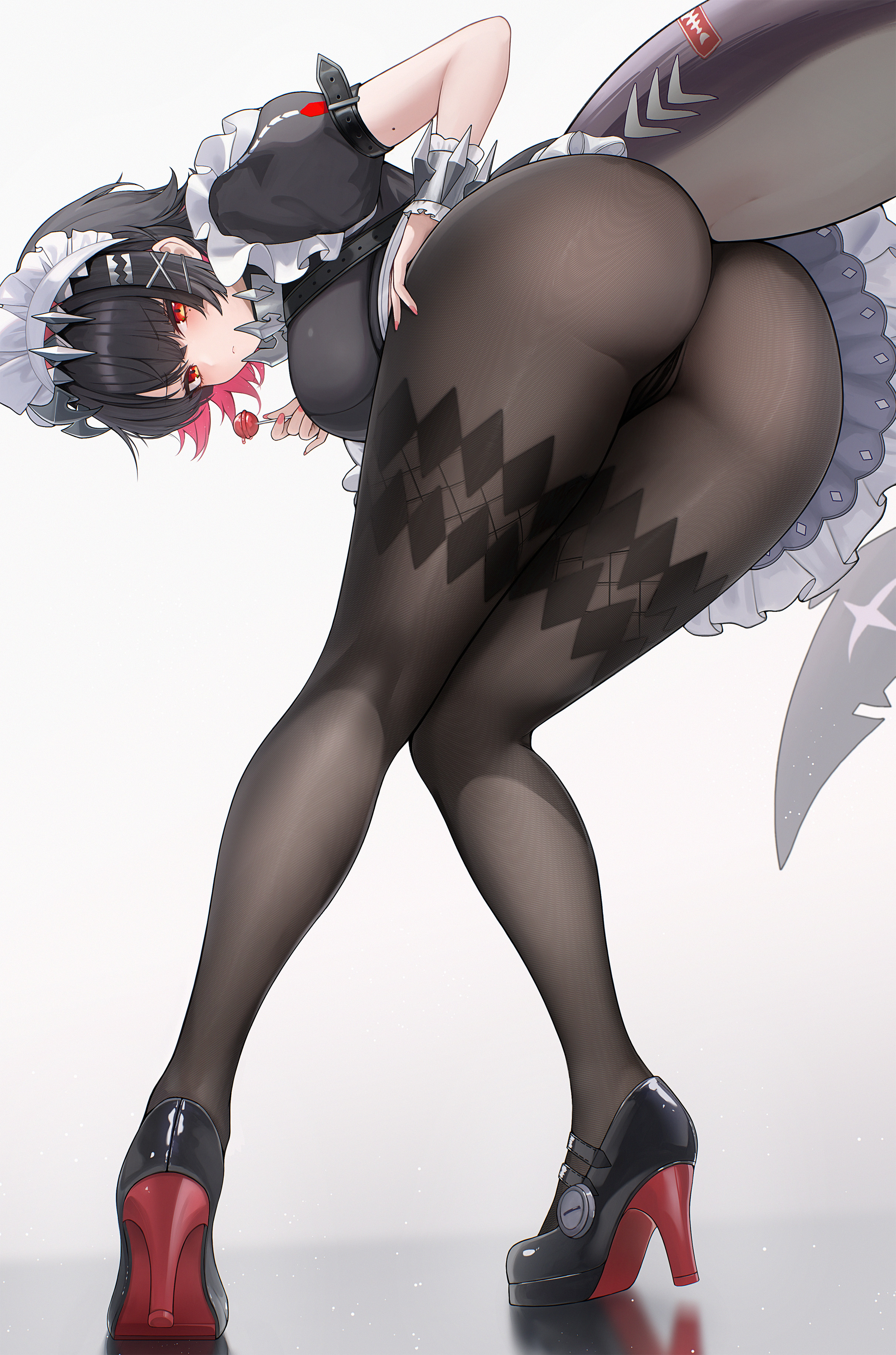 1girls, 2026, 2d, 2d (artwork), animal tail, ass, big ass, big butt, black hair, clothed, clothing, color, colored, colored nails, digital media (artwork), dress, ellen joe, female, female only, floralmi, full body, fully clothed, hi res, high heels, hoyoverse, legs, legwear, light skin, light-skinned female, lolipop, looking at viewer, looking back, low-angle view, maid, maid headdress, maid uniform, mihoyo, painted nails, red eyes, shark tail, simple background, solo, tail, thighs, video game character, video games, white background, zenless zone zero