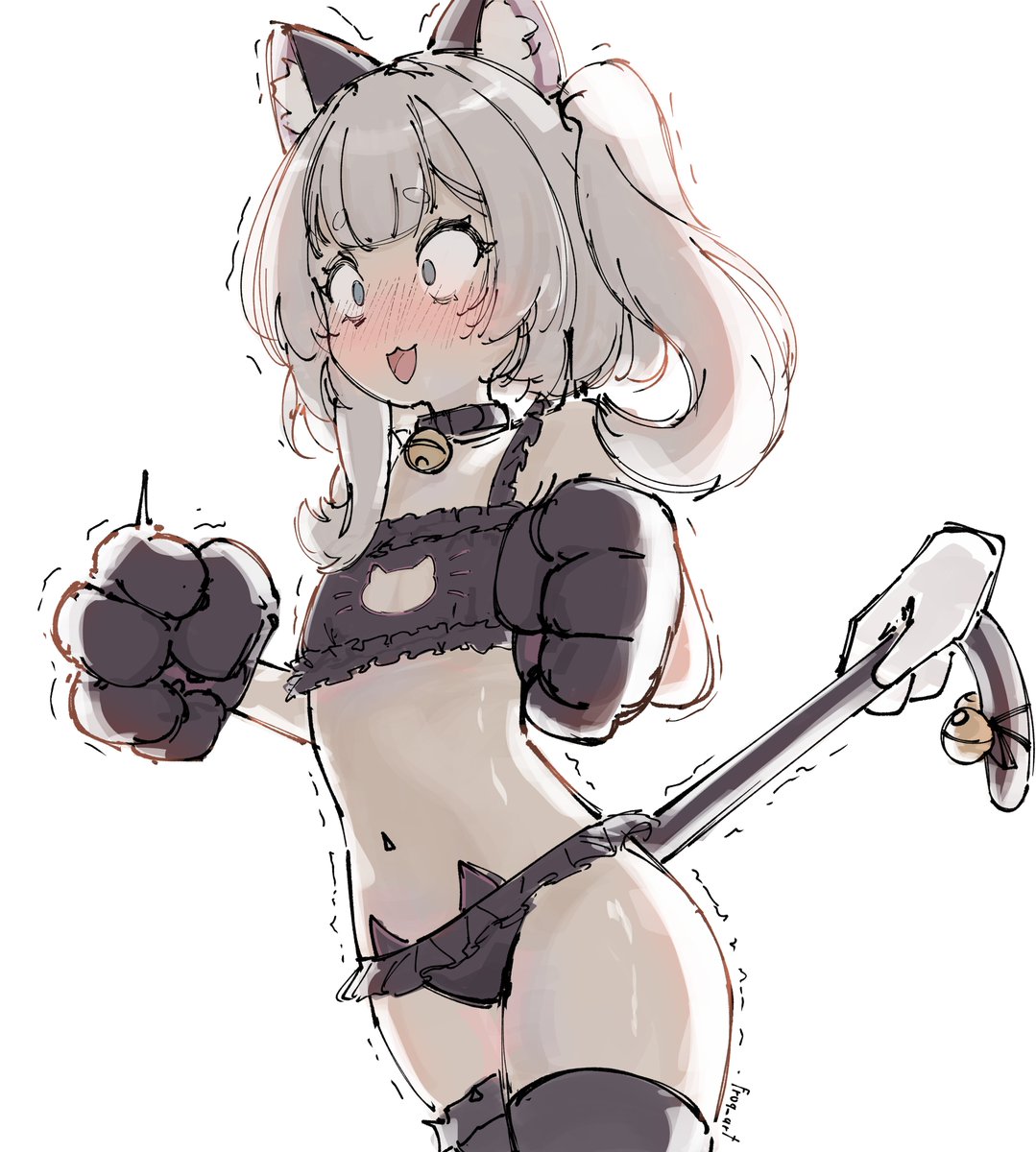 1girls, 1other, bell, belly button, blush, breasts, cat bell, cat cutout, cat lingerie, cleavage, cleavage cutout, collar, disembodied hand, fake cat tail, fake tail, female, female focus, froq, grey hair, light skin, light-skinned female, lingerie, lingerie only, marimari en, nose blush, open mouth, paw gloves, phase connect, phase invaders, phase invaders quest, shocked, simple background, small breasts, surprised, tail grab, tail pull, thick eyebrows, virtual youtuber, white background