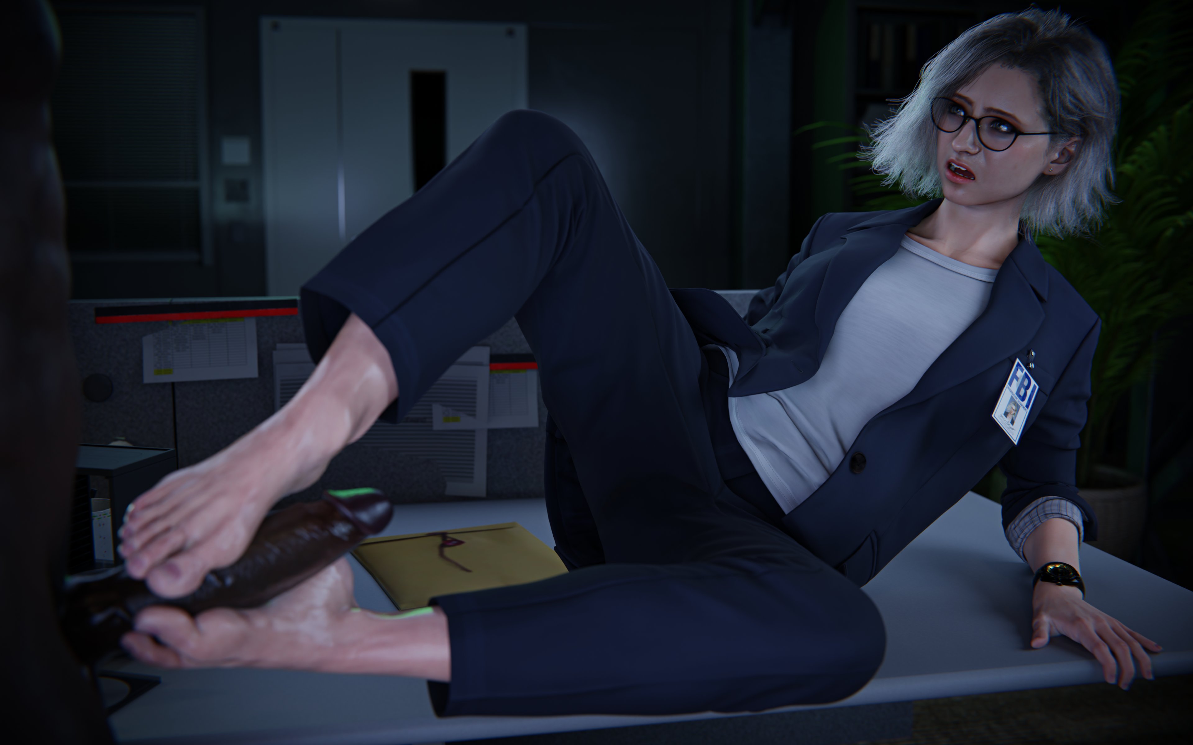 1boy, 1girls, 3d, 3d (artwork), 3d model, barefoot, big cock, big dick, big penis, biohazard, blender, capcom, clothed female, clothed female nude male, clothing, cock, commission, curly hair, dark skin, dark-skinned male, dick, feet, feet fetish, feet on penis, female, female focus, foot fetish, foot play, footjob, glasses, grace ashcroft, grace ashcroft (fbi outfit), grace ashcroft (julia pratt), hi res, high resolution, highres, huge cock, human, id card, interracial, interracial sex, large cock, large dick, large penis, light-skinned female, male, naked male, nathan dempsy, nude male, office, office clothing, office lady, office sex, pale skin, penis, r3xstone, resident evil, resident evil 9: requiem, short hair, silver hair, sitting on desk, wavy hair