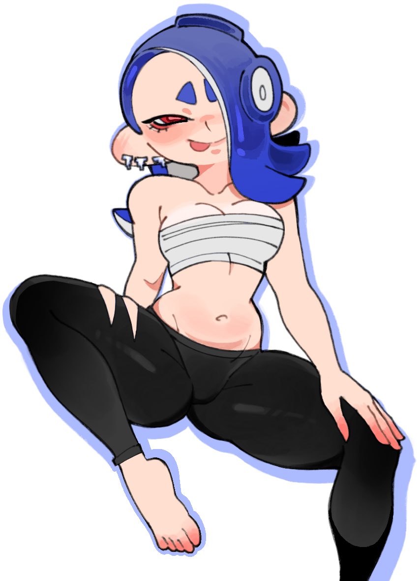1girls, bare shoulders, barefoot, blue hair, earrings, medium breasts, navel, octoling, pants, red eyes, sarashi, shiver (splatoon), simple background, sitting, spicyzaz, splatoon, splatoon (series), splatoon 2, splatoon 3, tight pants, toes