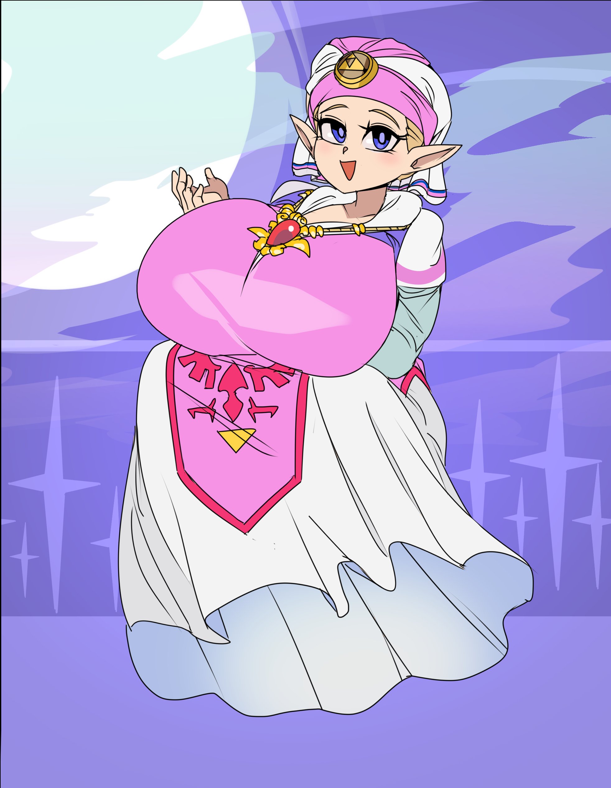1girls, big breasts, blonde hair, blue eyes, blush, breasts bigger than head, captain kirb, child bearing hips, clothed, clothing, dress, elf ears, female, female only, headdress, hourglass figure, hourglass figured female, huge breasts, hylian, jewelry, large breasts, looking at viewer, moon, nintendo, nipple bulge, ocarina of time, pointy ears, princess, princess zelda, royalty, smile, solo, solo female, the legend of zelda, thicc, thick, triforce, voluptuous female, wide hips, young, young zelda, zelda (ocarina of time)