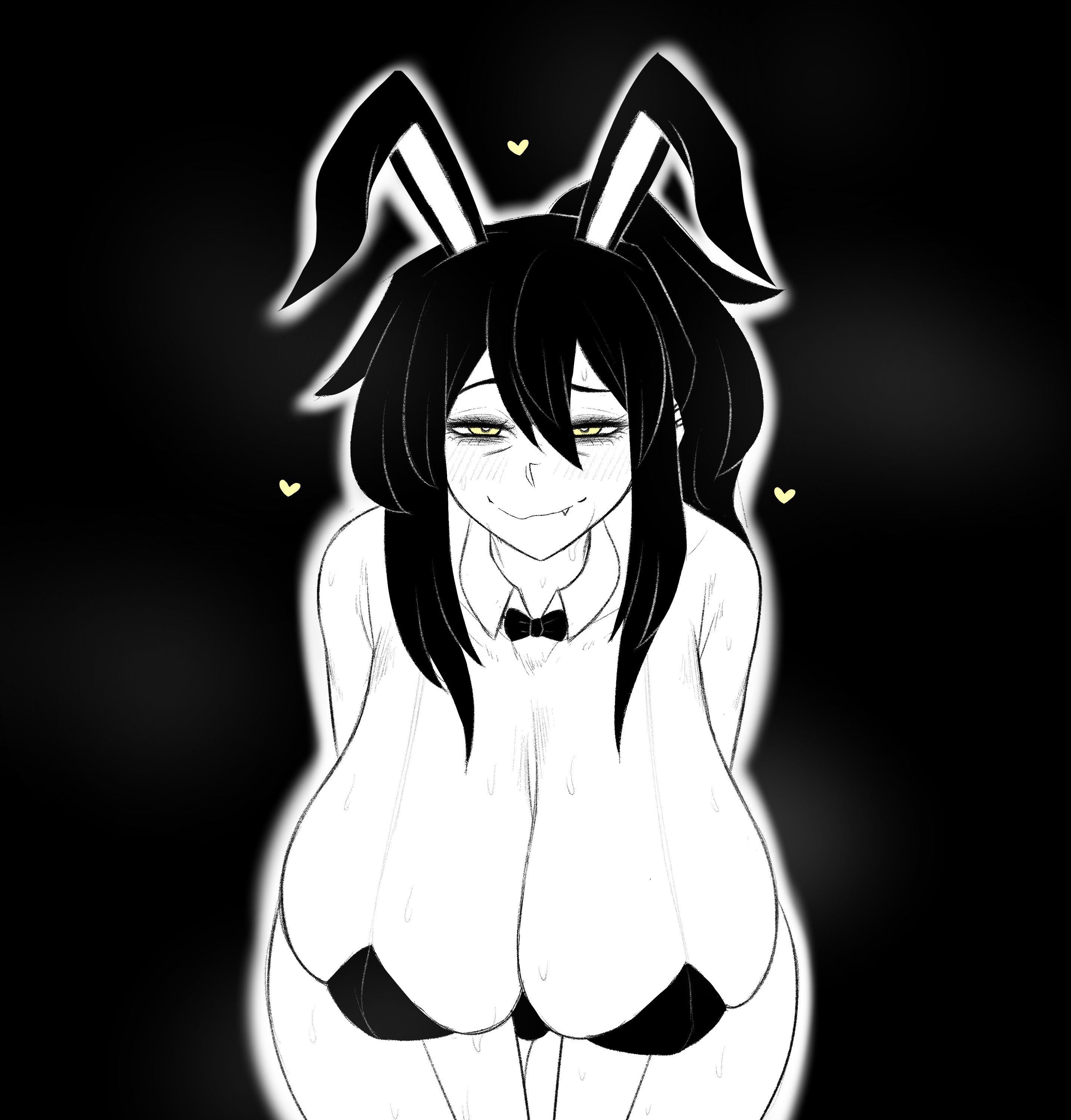 1girls, bent forward, big breasts, black background, black bunnysuit, black hair, blush, breast focus, breasts, bunny ears, bunnysuit, cleavage, fake animal ears, female, female only, green eyes, hair, half-closed eyes, heart, hearts, hearts around head, huge breasts, mature female, mature woman, milf, mother, ponytail, renee graves, seductive, seductive look, solo female, steam, steamy, the coffin of andy and leyley, tied hair, truelordpotato