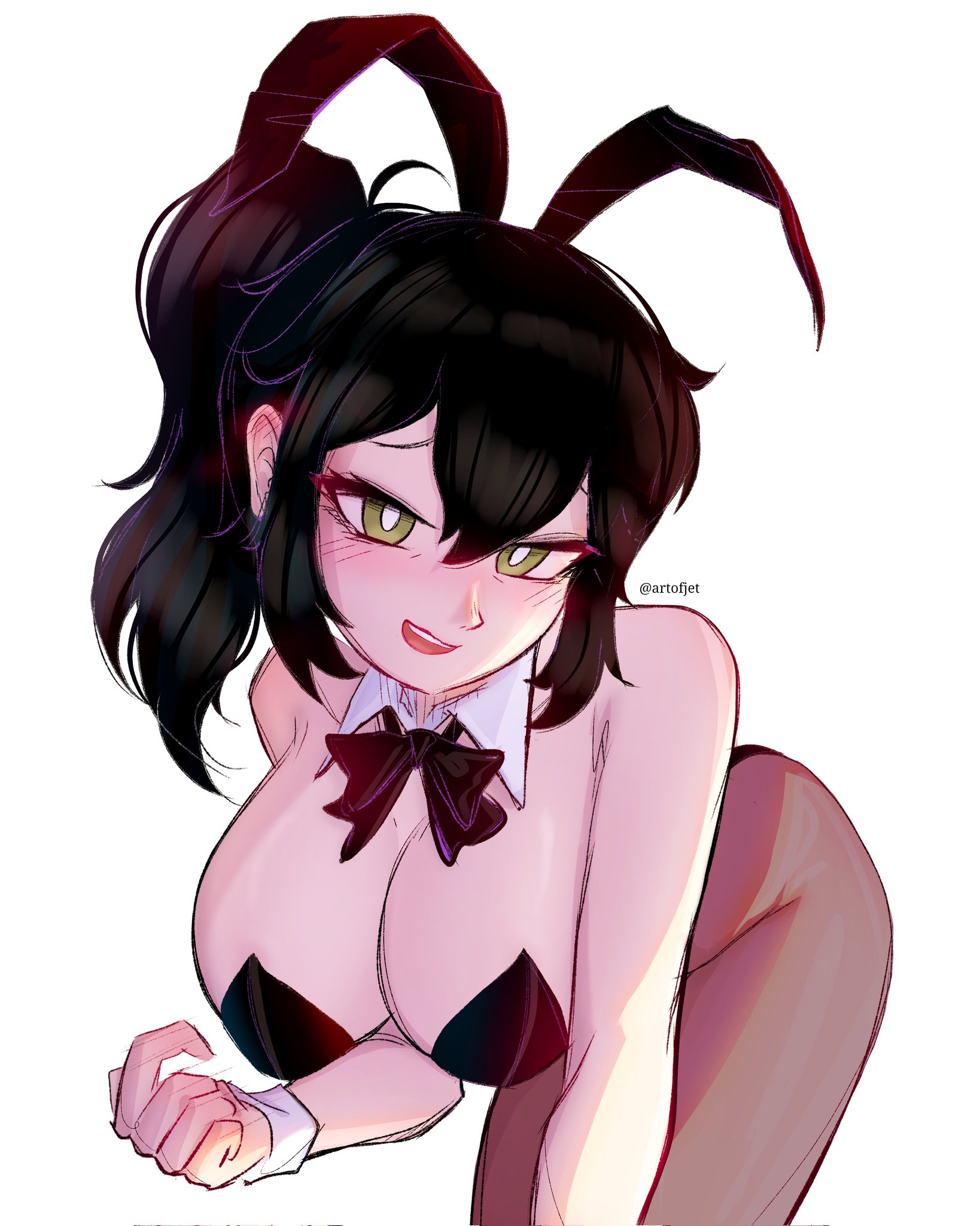 1girls, artofjet (artist), big breasts, black hair, bunny ears, bunnysuit, female only, looking at viewer, pantyhose, renee graves, the coffin of andy and leyley