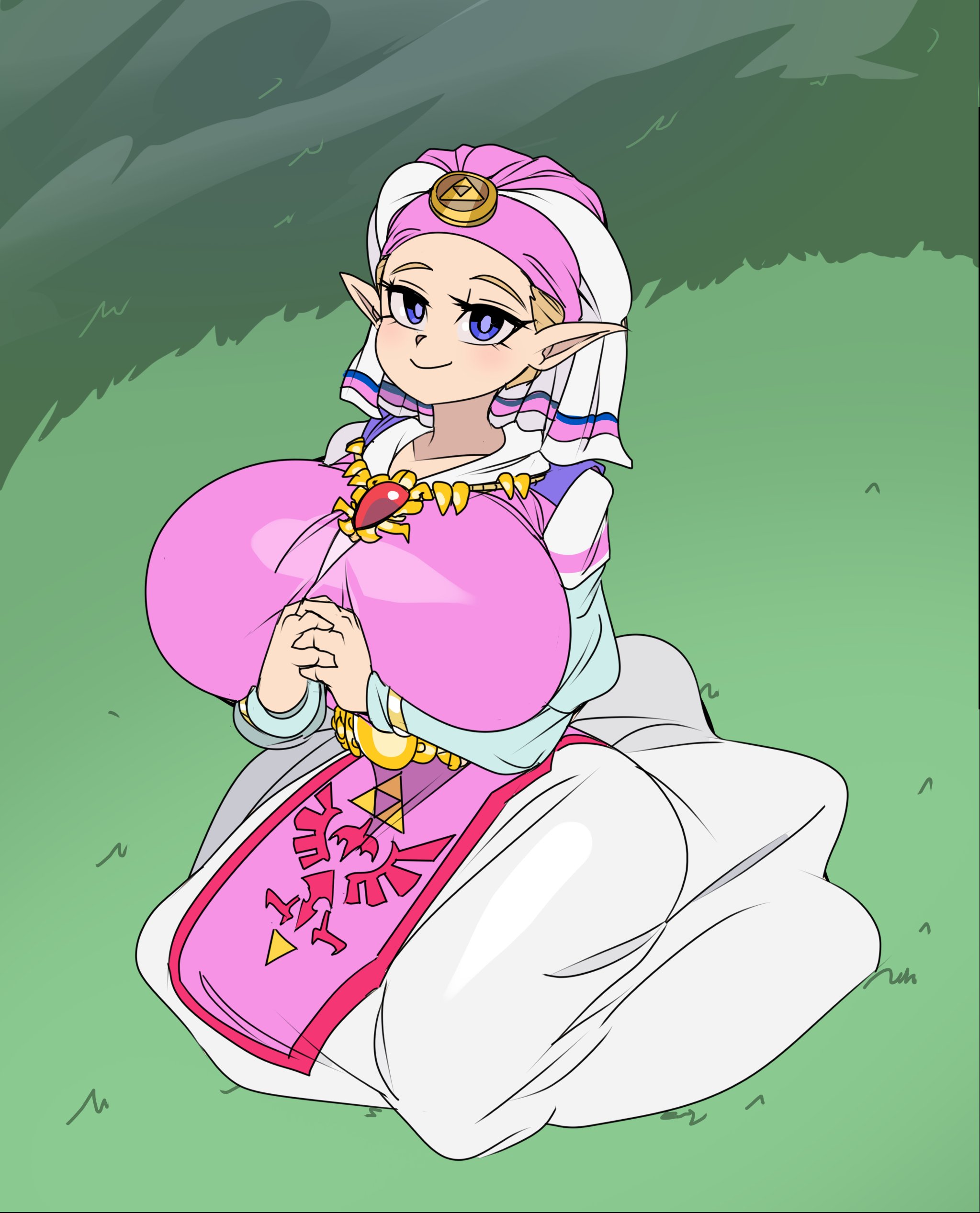 1girls, big ass, big breasts, blonde hair, blue eyes, blush, breasts bigger than head, captain kirb, child bearing hips, clothed, clothing, dress, elf ears, female, female only, headdress, hourglass figure, hourglass figured female, huge breasts, hylian, jewelry, large breasts, looking at viewer, nintendo, nintendo 64, nipple bulge, ocarina of time, pointy ears, princess, princess zelda, royalty, smile, solo, solo female, the legend of zelda, thicc, thick, triforce, voluptuous female, wide hips, young, young zelda, zelda (ocarina of time)