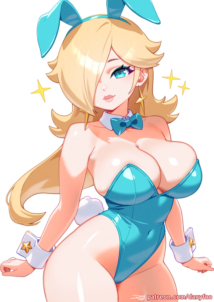 1girls, akumafoo, breasts, bunny ears, bunnysuit, danyfoo, female, female focus, female only, large breasts, light skin, light-skinned female, mario (series), princess rosalina, solo, thick thighs, thighs, wide hips