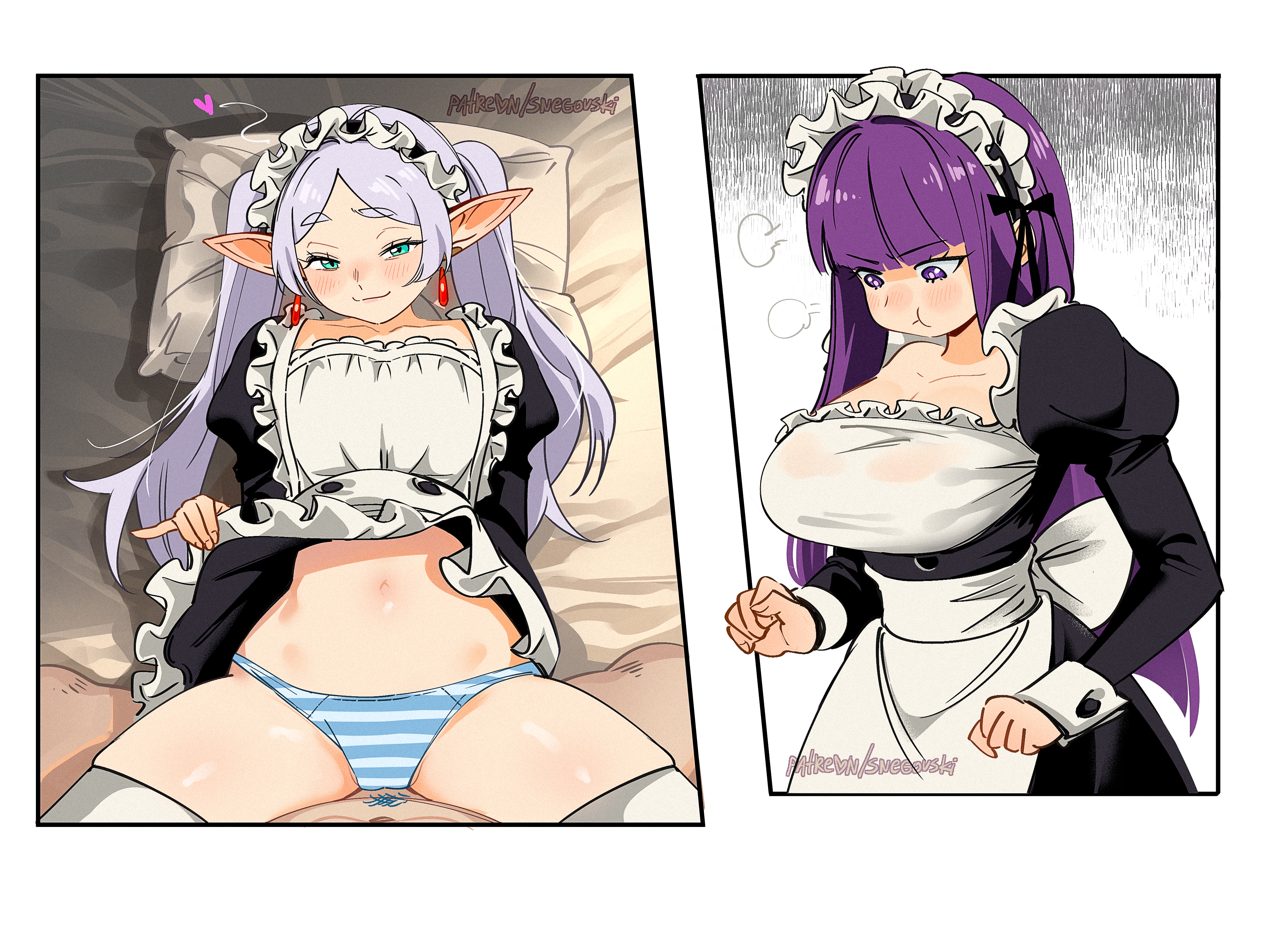 2026, bed, earrings, elf, elf ears, elf female, fern (sousou no frieren), frieren, frieren beyond journey's end, heart, human female, lifting skirt, maid, maid outfit, maid uniform, panties, patreon, pouting, snegovski, sousou no frieren, thighhighs