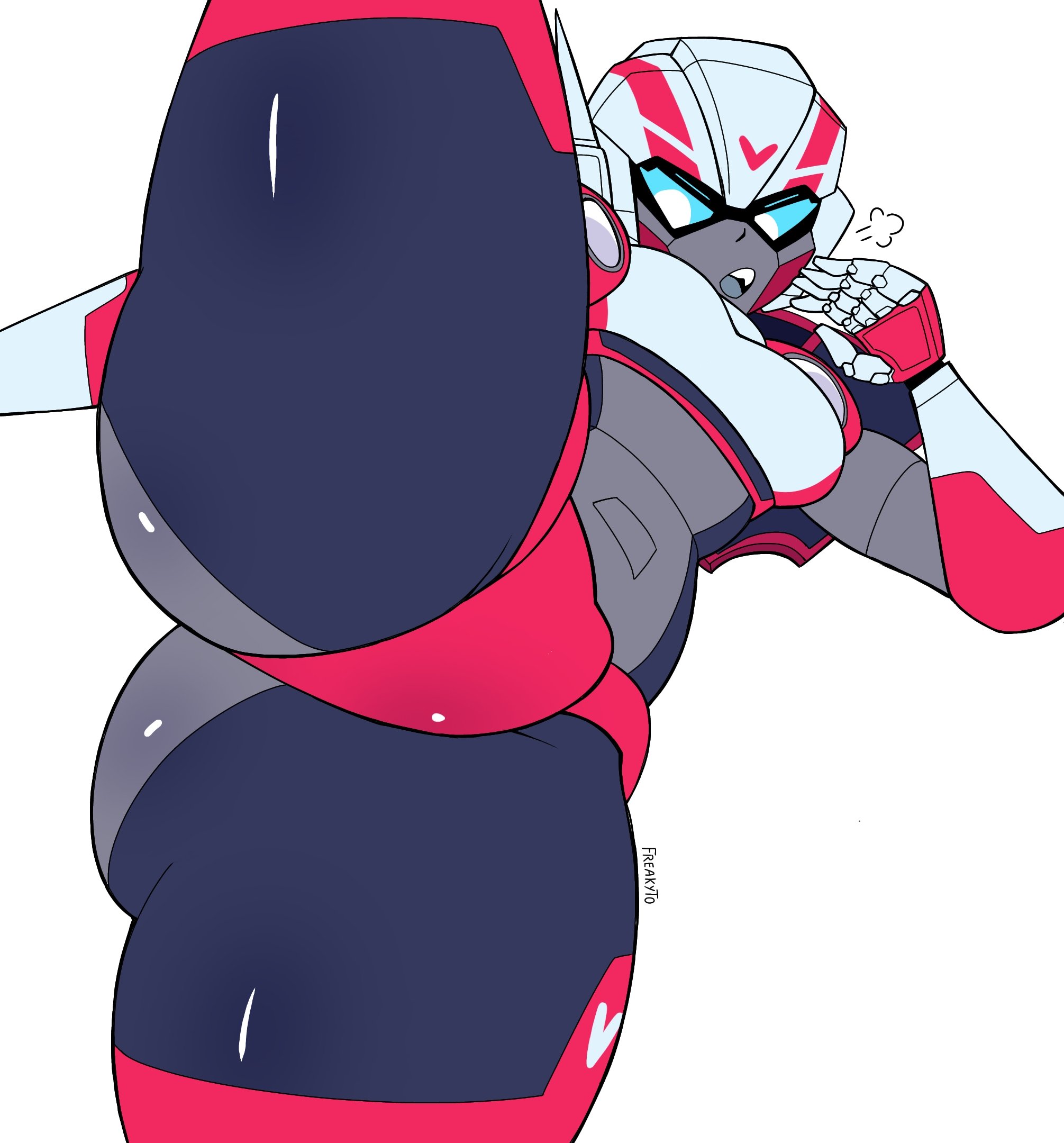 1girls, arcee, ass, freakyyto, high resolution, highres, medium breasts, panties, red panties, robot, robot girl, robot humanoid, solo, solo female, thick thighs, thighhighs, thighs, transformers, white background