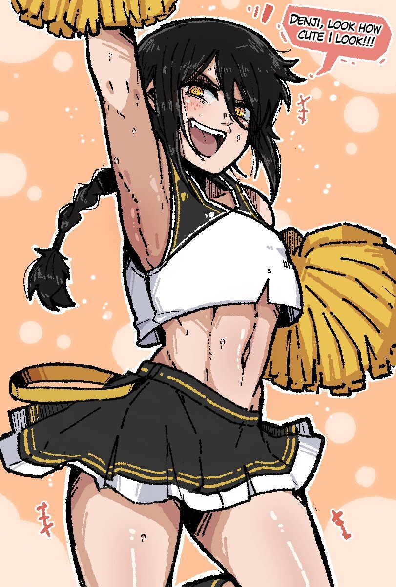 black hair, black socks, chainsaw man, cheerleader, gold eyes, mark gavatino, nayuta (chainsaw man), no bra, no panties, simple background, skimpy clothes, skimpy outfit, skirt, socks, yellow eyes
