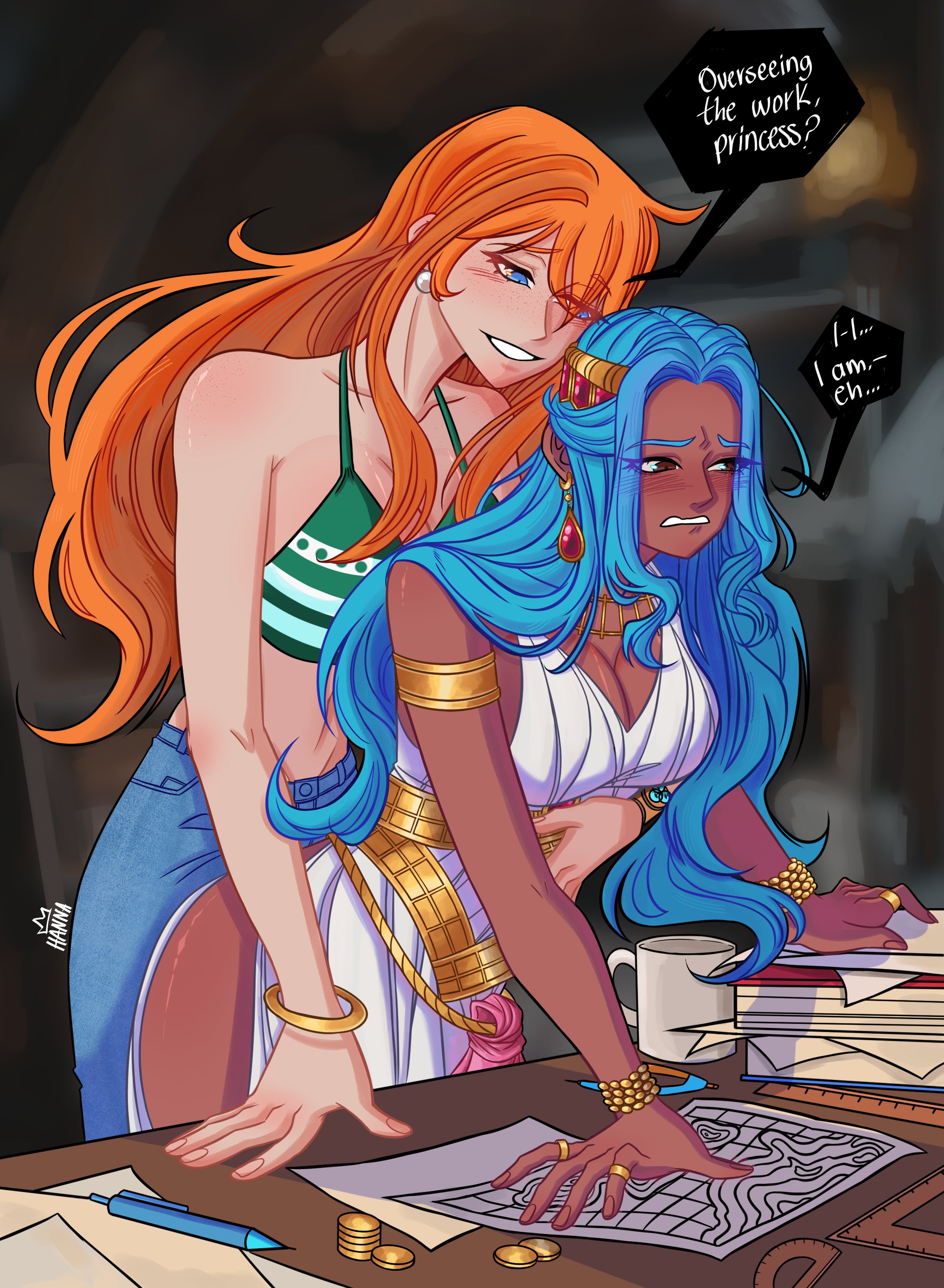 2girls, bent over table, blue hair, dark-skinned female, female, female only, fully clothed, hand on hip, hannamura, jeans, nami (one piece), nefertari vivi, one piece, orange hair, white dress, yuri