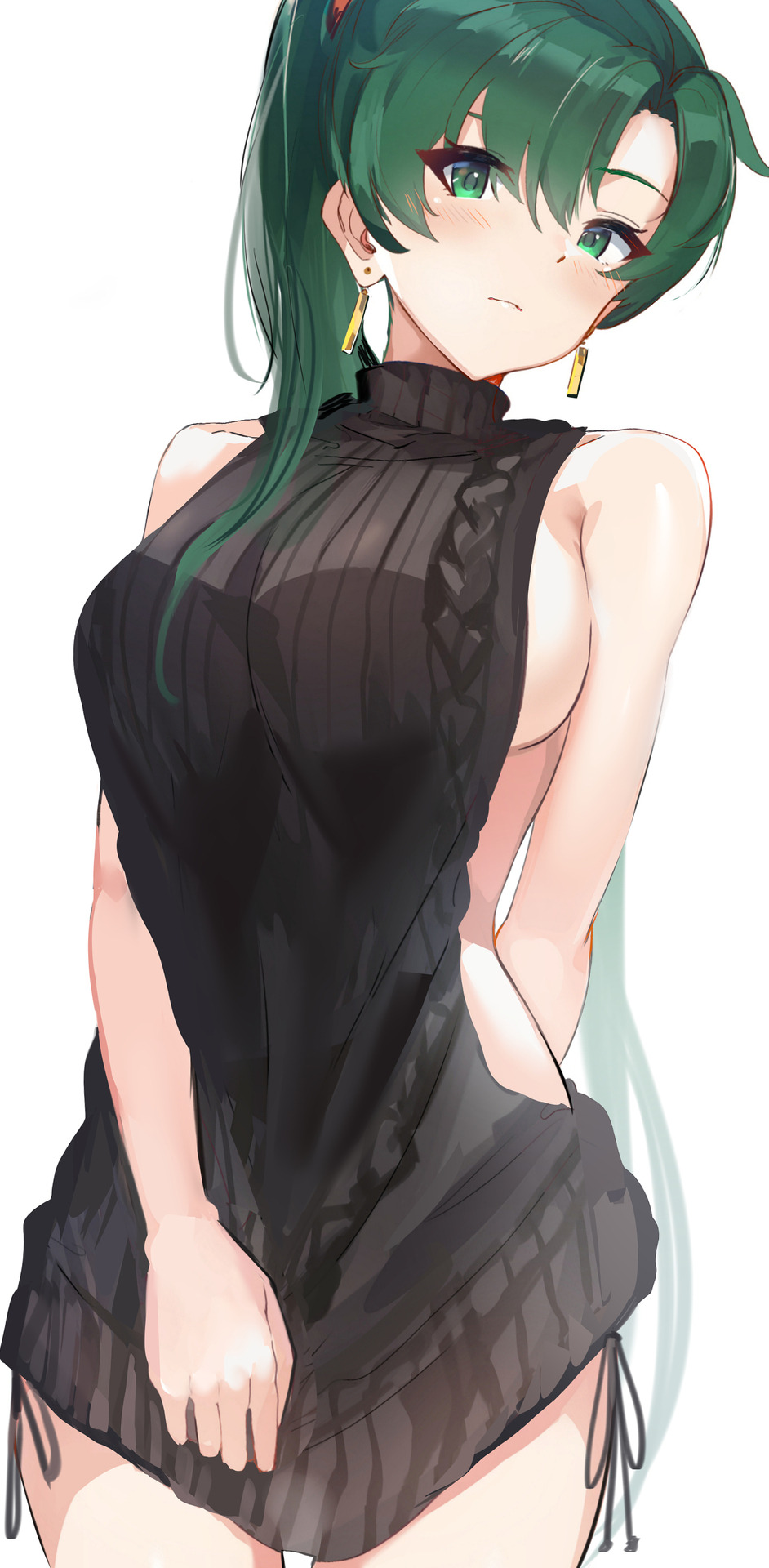 1girls black_shirt bottomless breasts earrings female fire_emblem fire_emblem:_the_blazing_blade green_eyes green_hair jewelry legs long_hair looking_at_viewer lyn_(fire_emblem) lyndis_(fire_emblem) ormille sleeveless solo sweater sweater_tug thighs virgin_killer_sweater