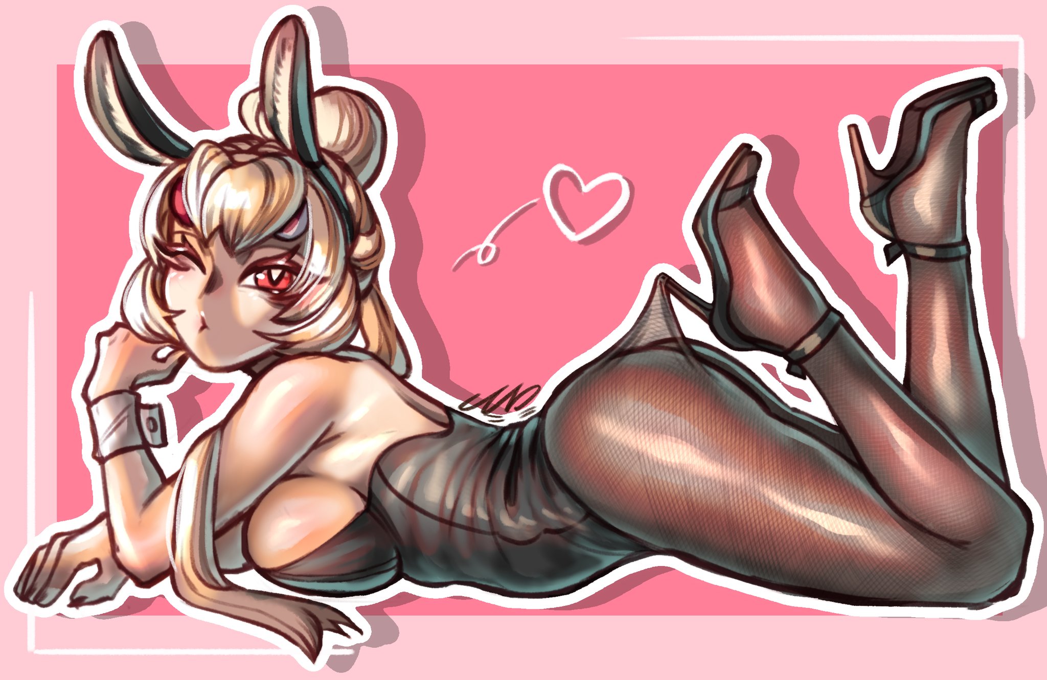 ass, bare shoulders, blonde hair, bodysuit, brawl stars, breasts, bunny ears, bunny girl, bunnysuit, charlie (brawl stars), female, female only, heart, high heels, lace pantyhose hooked on heel (meme), long hair, looking at viewer, lying, lying on stomach, makeup, meme, north string, one eye closed, pantyhose, posing, pressed against, red eyes, sideboob, tagme, thick thighs, tied hair, voluptuous