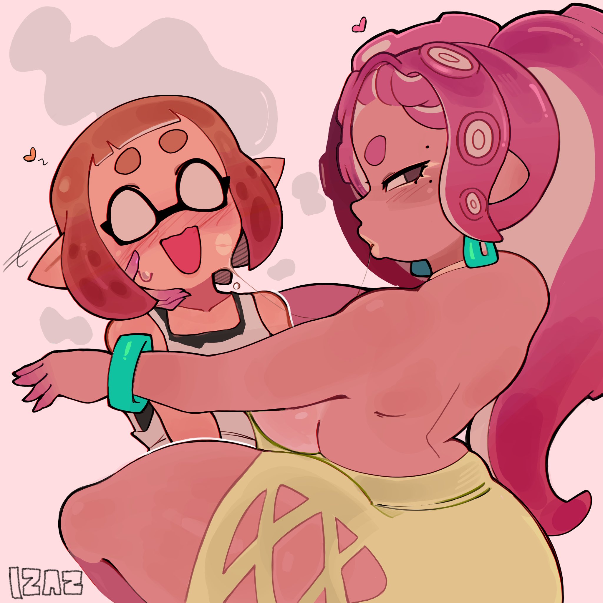 2girls, blush, commission, dark-skinned female, earrings, inkling, inkling girl, kiss mark, kissing, knocked out, large breasts, light-skinned female, looking at viewer, mole, mole under eye, octoling, octoling girl, original, original character, revealing clothes, saliva trail, side eye, sideboob, smoke from head, spicyzaz, splatoon, splatoon (series), splatoon 2, splatoon 3, tan skin, tentacle hair