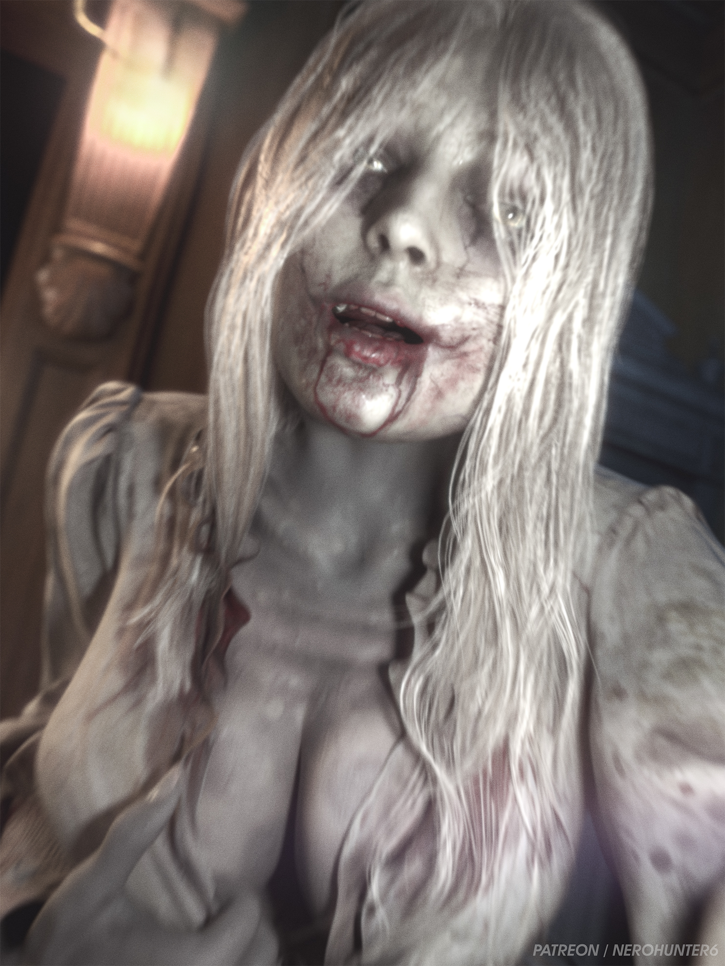 1girls, 3d, 3d (artwork), 3d render, big breasts, biohazard, blood, blood on face, blood stain, breasts, capcom, dress, eyes visible through hair, female, female only, grey body, grey dress, grey skin, hair between eyes, huge breasts, long hair, monster, monster girl, nerohunter6, open mouth, patreon, patreon username, realistic, render, resident evil, resident evil 9: requiem, seductive, seductive look, seductive smile, selena corey, solo, straight hair, tagme, white hair, zombie, zombie girl