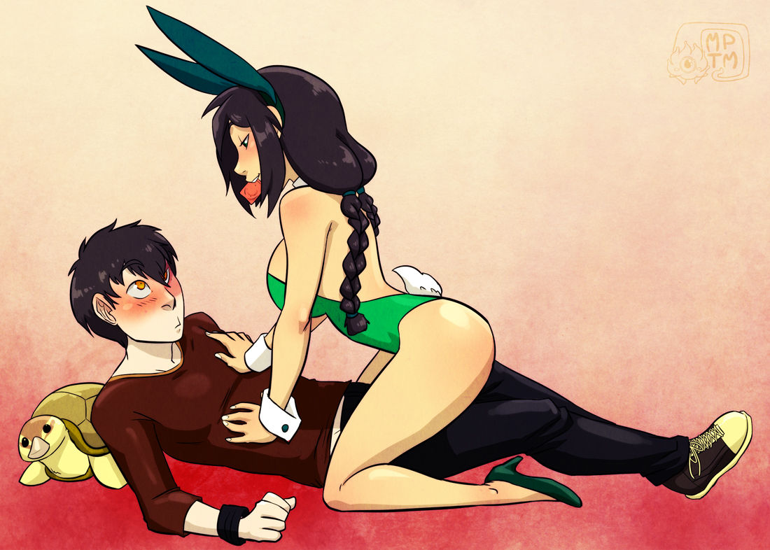 alternate_costume avatar_the_last_airbender blush breasts bunny_ears bunnysuit clothing condom condom_in_mouth couple cowgirl_position highres jin_(avatar) large_breasts male my_pet_tentacle_monster nickelodeon romantic straight tagme zuko